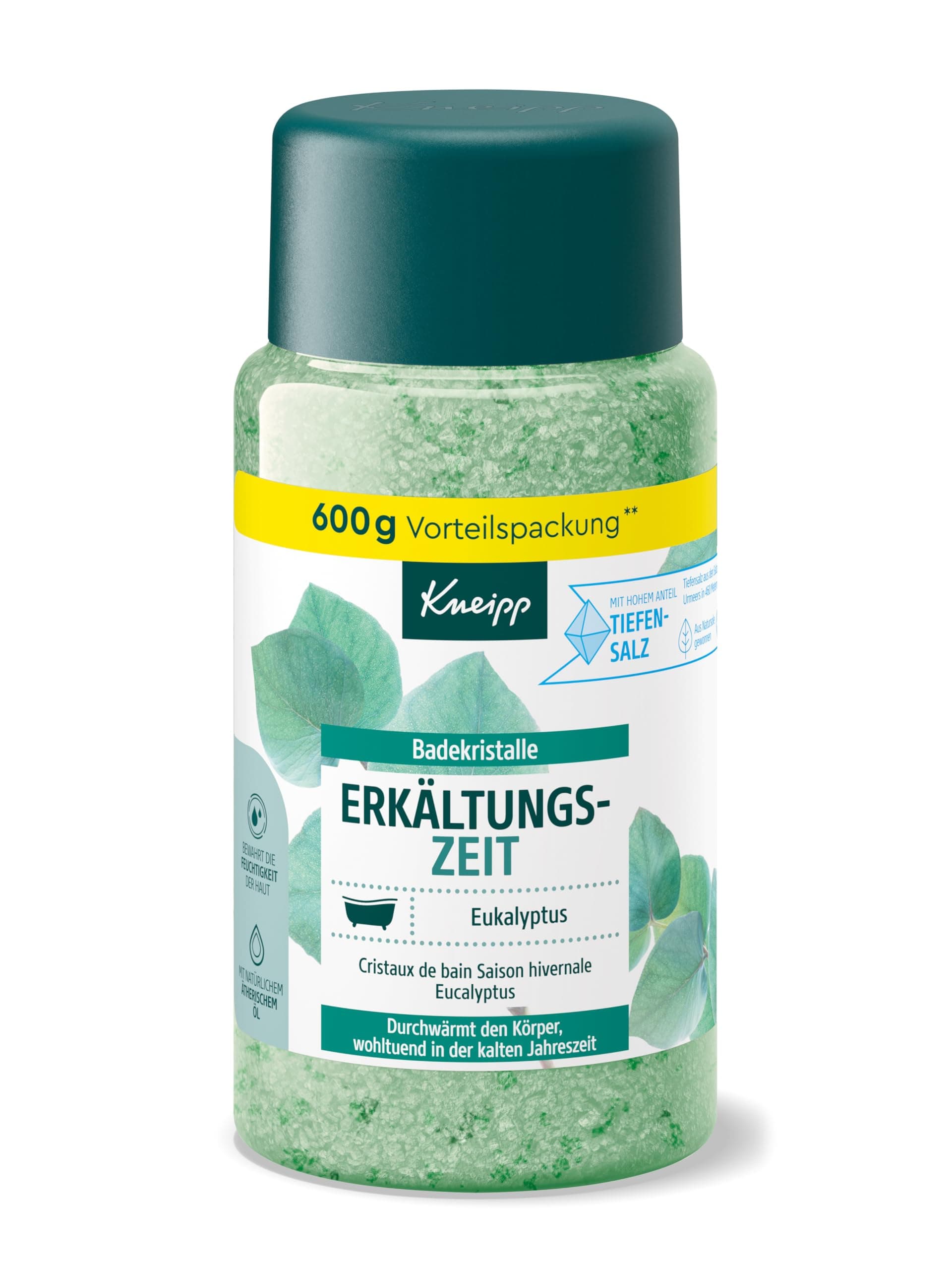 Kneipp Bath Crystals Cold Time - Bath Salt Storage Pack - with Natural Deep Salt from Luisenhall Saline & Natural Essential Oils of Eucalyptus and Mint - Aromatological Effect - 600 g