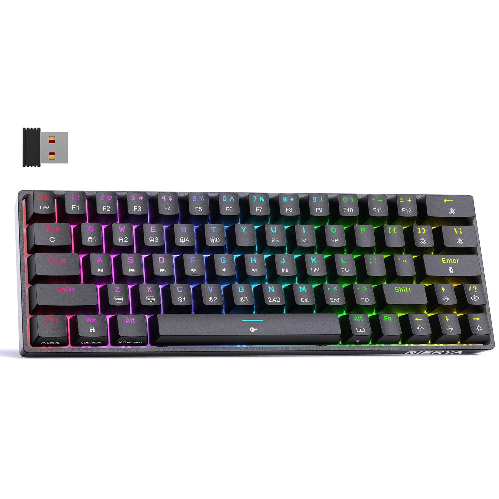 DIERYA DK63 60% Wireless Mechanical Gaming Keyboard | Bluetooth/2.4G/Wired Keyboard | RGB Backlit Compact 63 Keys Mini Office Keyboard | with Blue Switch | for Windows Laptop PC Gamer Typist-Black