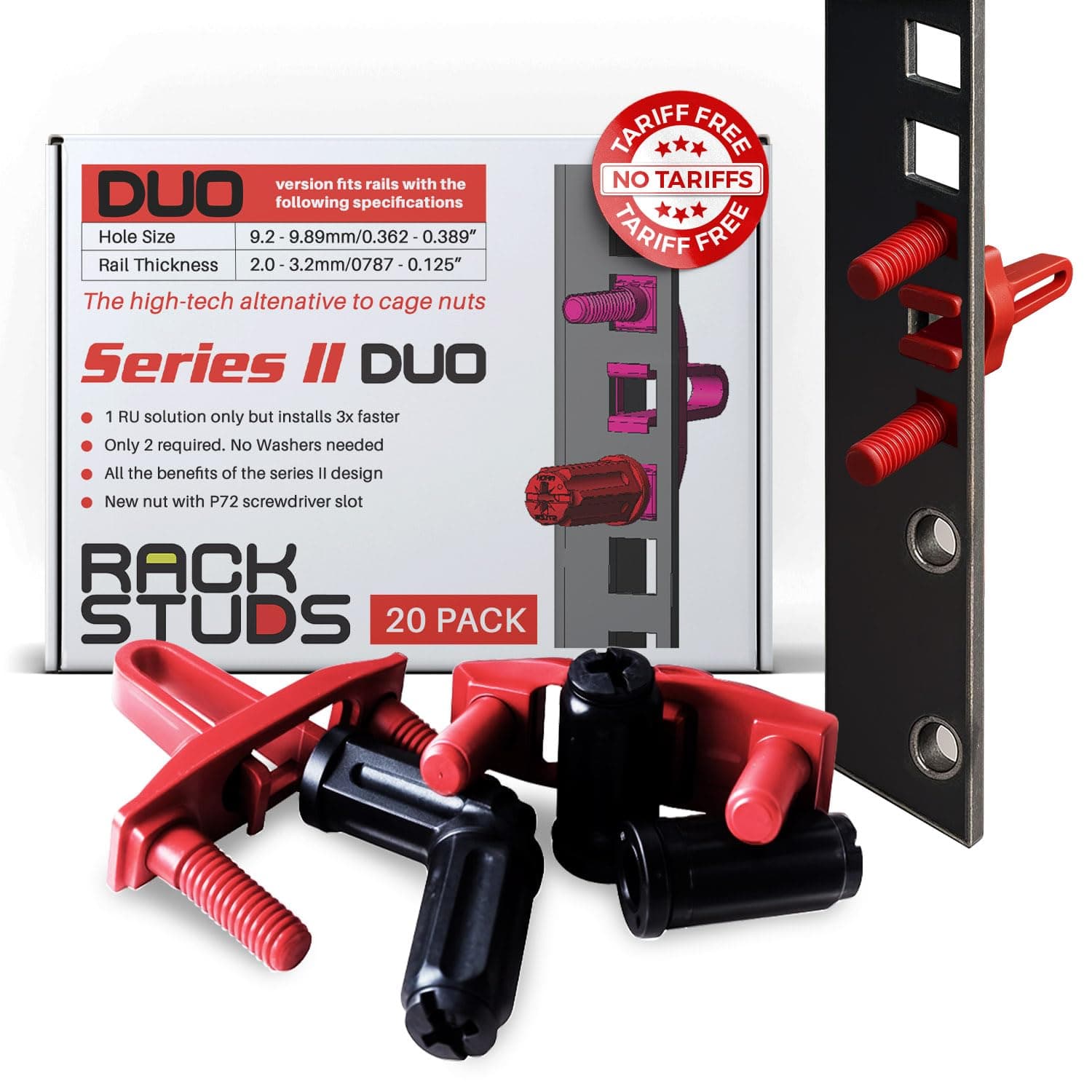 Rackstuds DUO20 1RU Series II Rack Mount Solution - Effortless Replacement for Conventional Rack Screws and Cage Nuts & Server Rack Bolts, Ideal for Server Hardware Setup - 20 Pack, Universal
