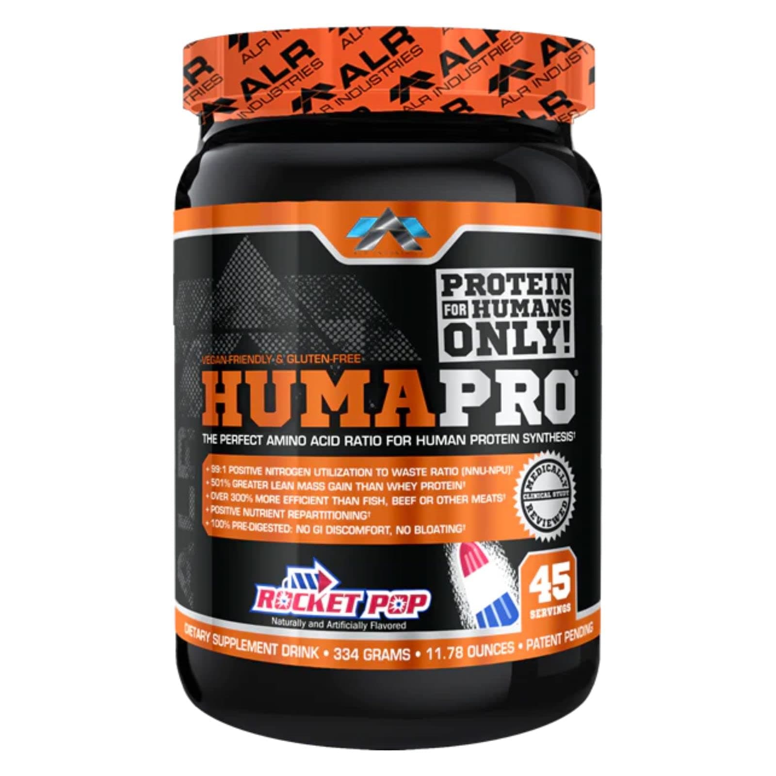 Humapro | Amino Acids Protein Matrix for Humans | 99% Utilization for Lean Muscle | Vegan, Gluten Free | 334g / 45 Servings (Rocket Pop)