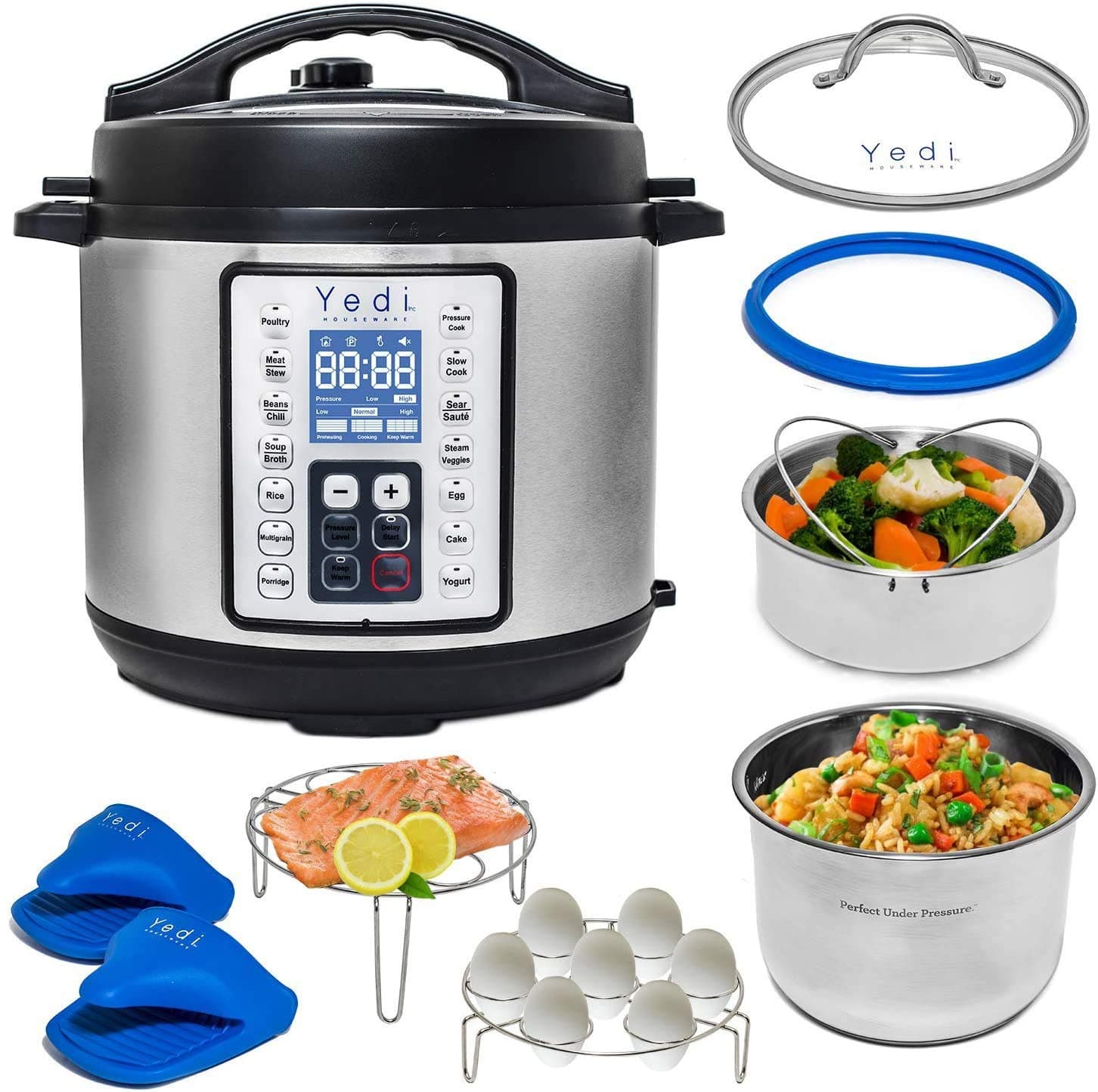YEDI HOUSEWARE 9-in-1 Total Package Instant Programmable Pressure Cooker, 6Quart, Deluxe Accessory kit, Recipes, Pressure Cook, Slow Cook, Rice Cooker, Yogurt Maker, Egg Cook, Sauté, Steamer, Steel