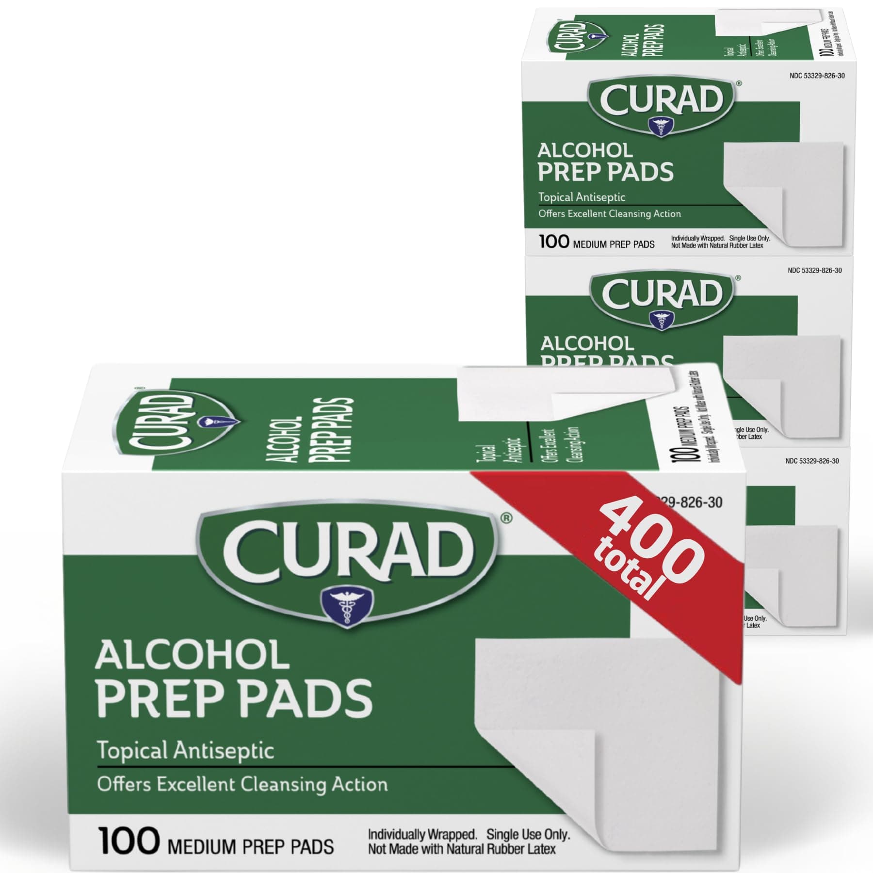 CURAD Alcohol Prep Pads (Pack of 4 Boxes) | 400 Medium Isopropyl Wipes Individually Wrapped | First Aid Swabs for Cuts & Scrapes | Medical Pads for General Cleansing