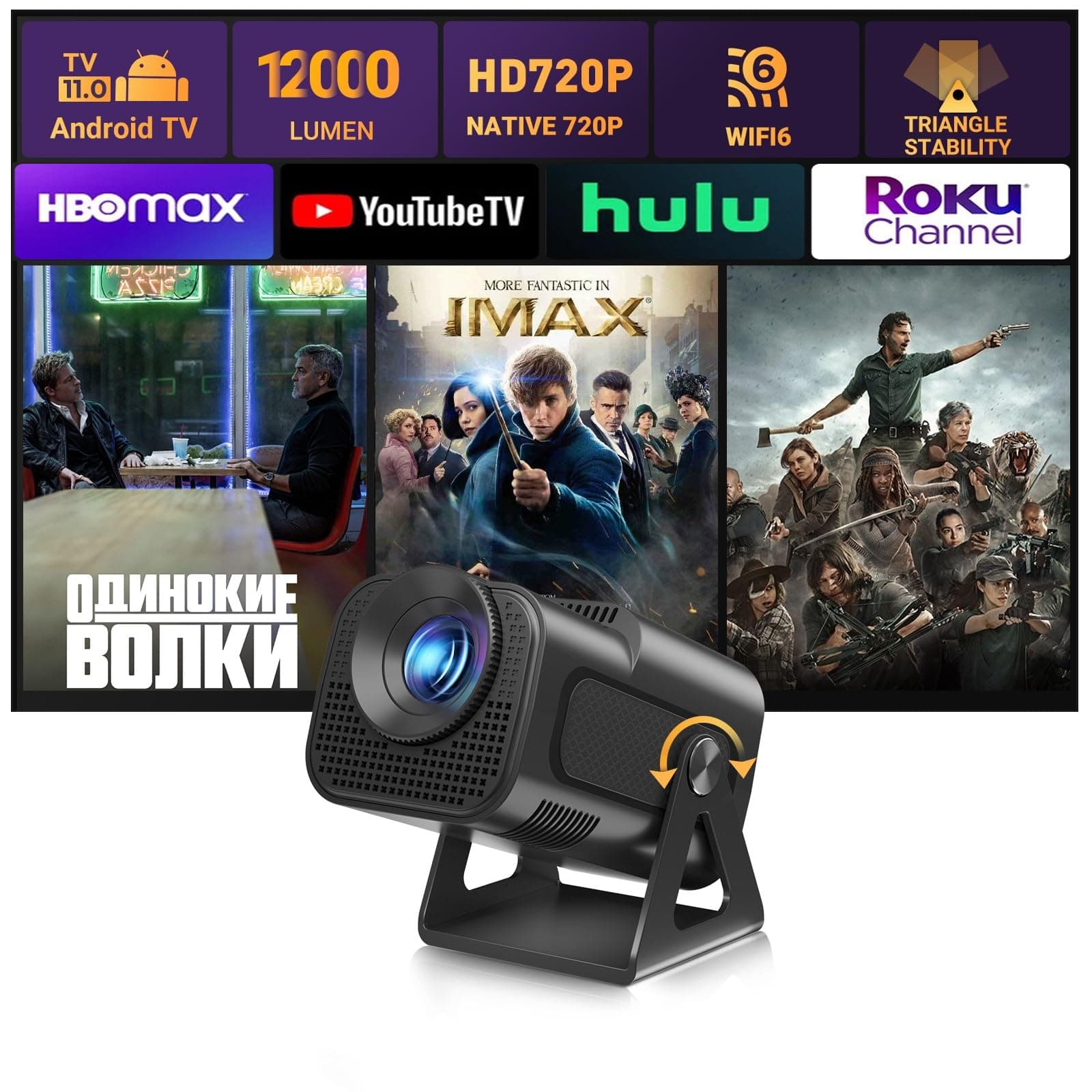Portable Mini Projector XGODY Gimbal5 - Mini Smart Android 11 HD Projector Supports 1080P 4K WiFi6 BT Home Theater Video Projector with 180° Rotatable Stand Auto Keystone for Android, iOS Matte Black