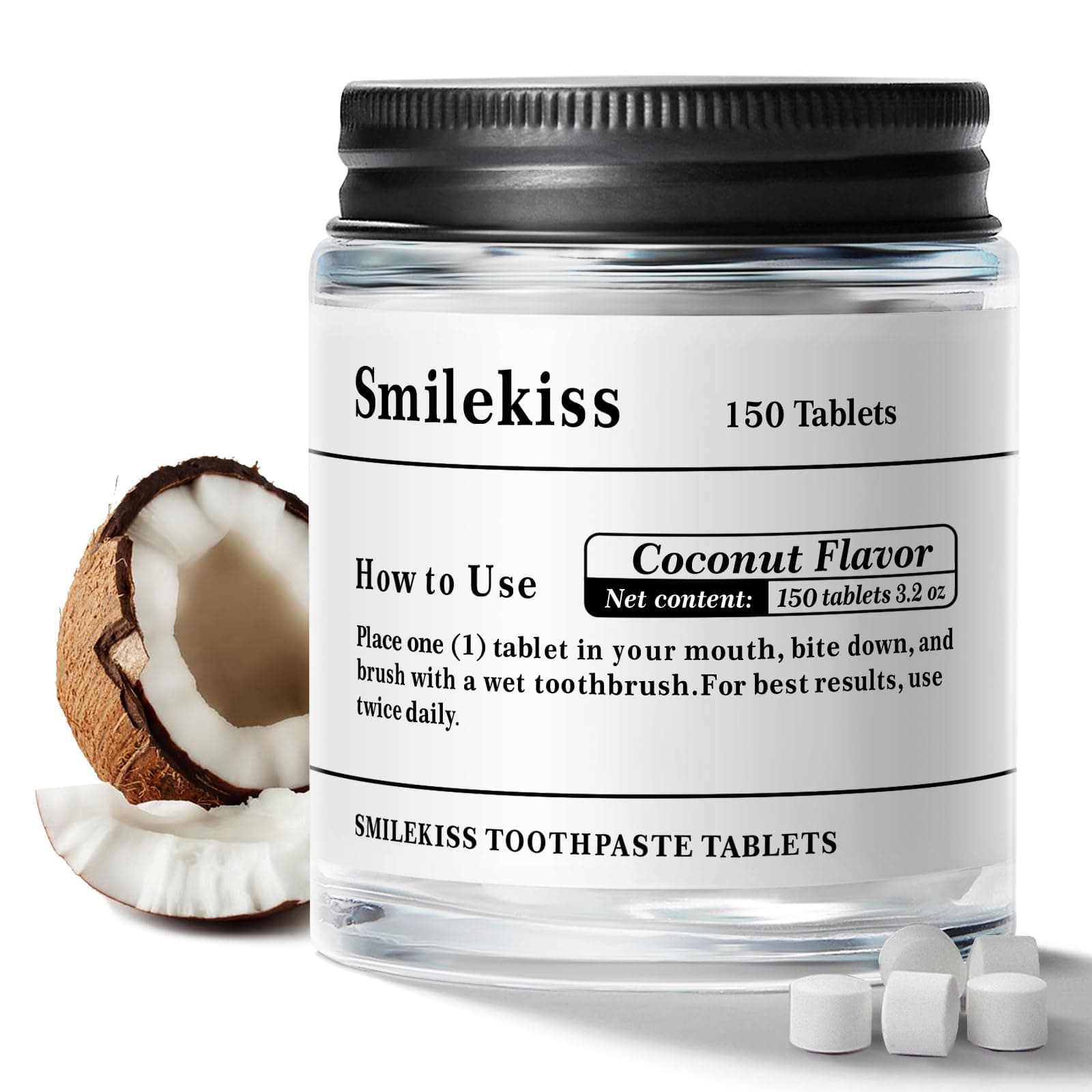 Smilekiss Toothpaste Tablets -Nano Hydroxyapatite Chewable Toothpaste Tabs, Travel Mouthwash Tablets, Flouride&Plastic Free&Travel Friendly - Remineralize with NHA-150Coconut+50Peach+50Mint+50Coconut