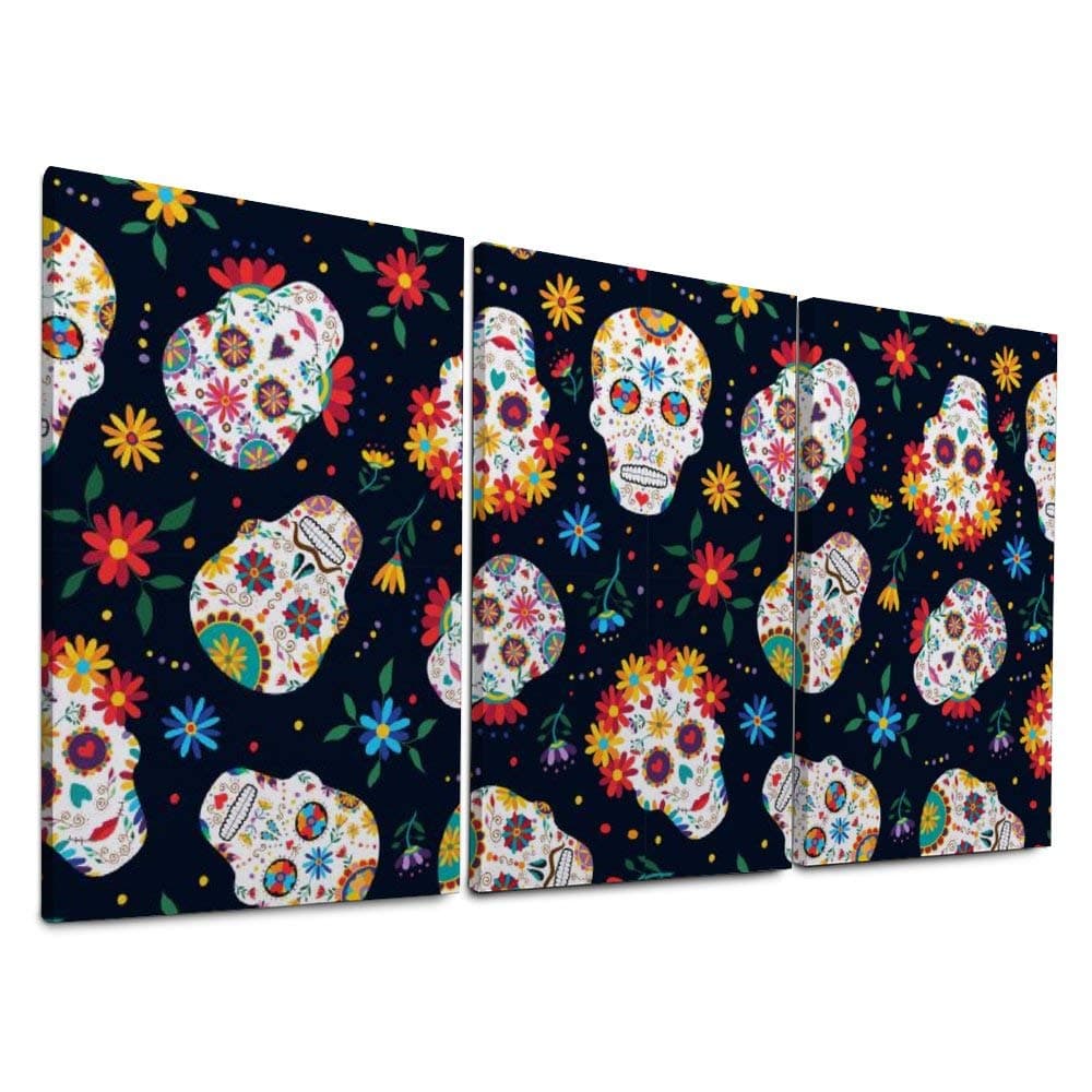 YATELI Stretched and Framed Canvas Prints 3 Panels Seamless Pattern Colorful Day of The Dead Skull Flower for Living Room Modern Bathroom Giclee Wolf Wall Decor