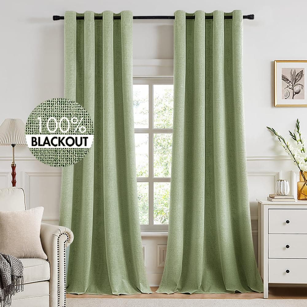 MIULEE Linen Texture Curtains for Bedroom Solid 100% Blackout Thermal Insulated Sage Green Curtains Grommet Room Darkening Curtains/Draperies for Living Room Nursery 52x120 Inch (2 Panels)