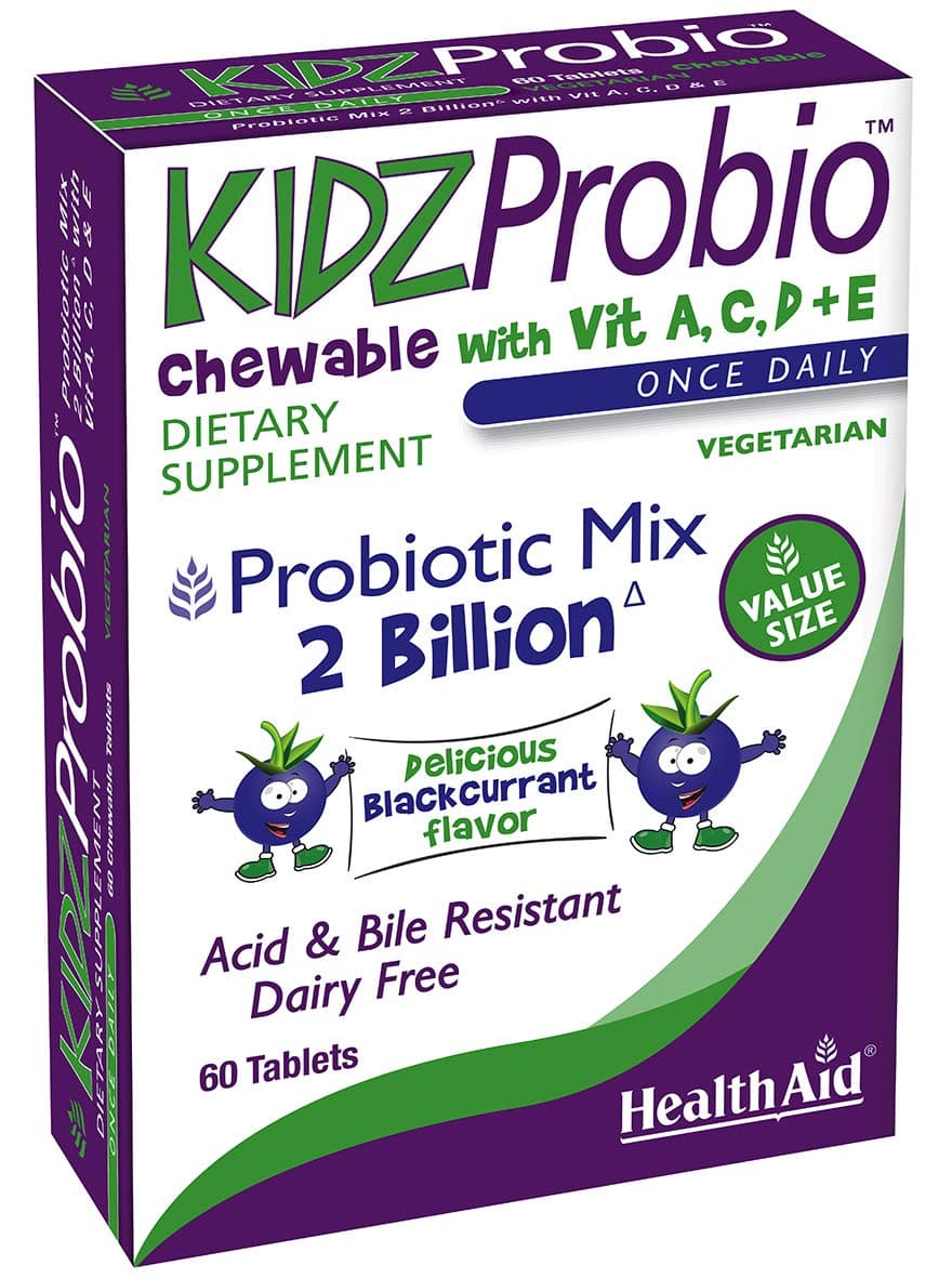 KidzProbio 2 Billion Chewables with Vitamin A, C, D, and E, 60Ct Value Size, Once Daily, Acid & Bile Resistant, Dairy Free, Blackcurrant Flavor, Vegetarian