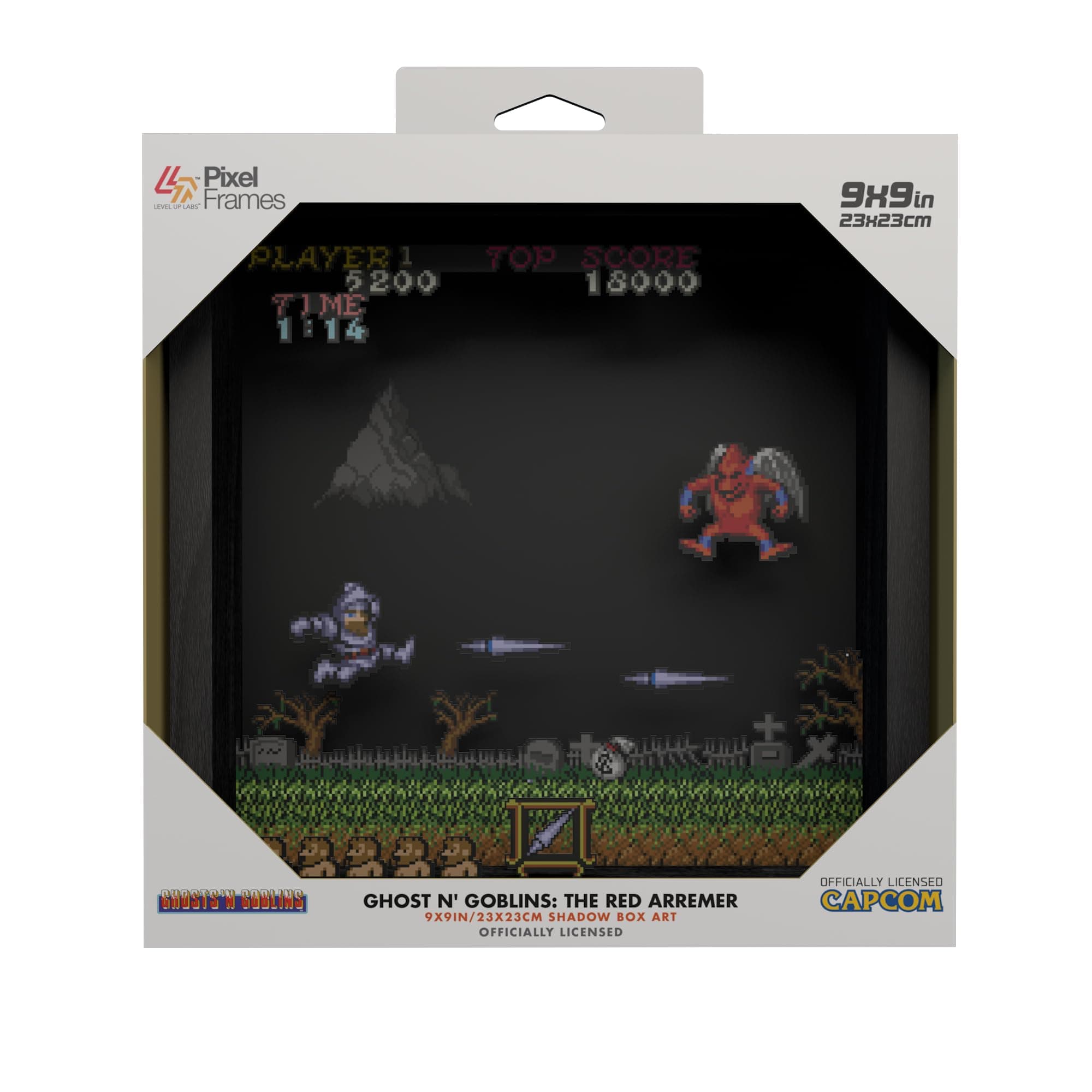 Level Up Labs Pixel Frames: Ghost N' Goblins: The Red Arremer - 3D Shadow Box - Framed Decor for Wall, Home, Shelf, Game Poster Art Collectibles, Boys Girls Teen Room Decoration - 9" x 9"