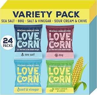 – LOVE CORN Variety Pack (6 Sea Salt, 6 BBQ, 6 Salt & Vinegar, 6 Sour Cream & Chive 20g) – Healthy Snacks Ideal for Gluten Free & Vegan Diets – Low Sugar Alternative for Crisps and Mixed Nuts