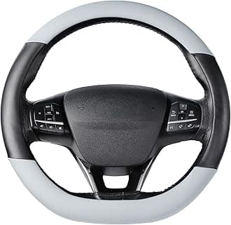 SEG Direct Flat Bottom Steering Wheel Cover, D Shaped Car Wheel Cover 14 1/2-15 in. (37-39 cm), Black Gray Microfiber Leather