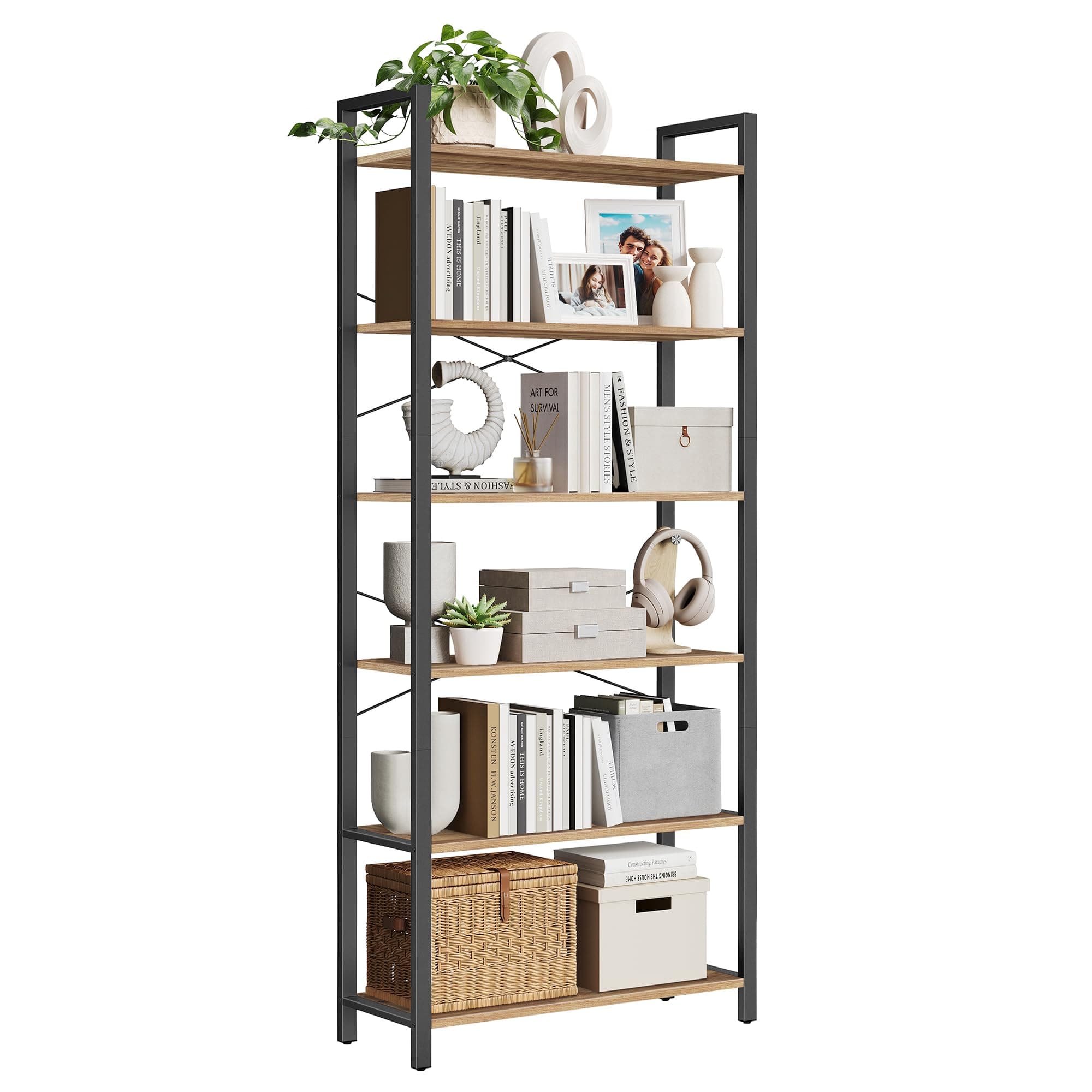 VASAGLE 6-Tier Bookshelf, Bookcase, Shelving Unit, for Office, Study, Living Room, Bedroom, 30 x 80 x 186 cm, Industrial, Wheat Brown and Ink Black LLS082B48