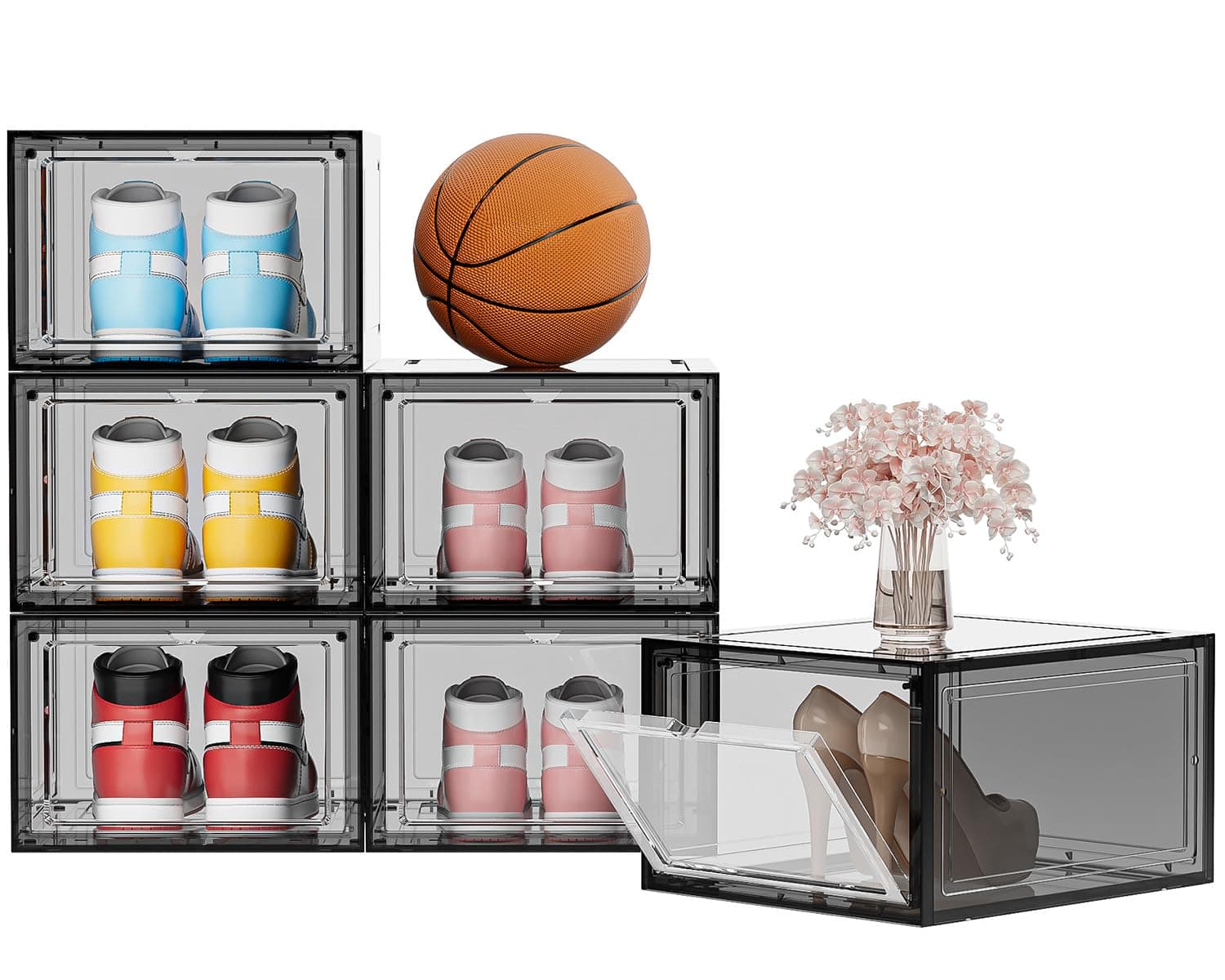 Shoe Storage Boxes Organizers Clear Acrylic Stackable 6 Pack, Shoe Rack & Holder Substitute, Sneaker Containers, Toy Storage Organizer Bins for Entryway, Closet, Under Bed (Black, L)