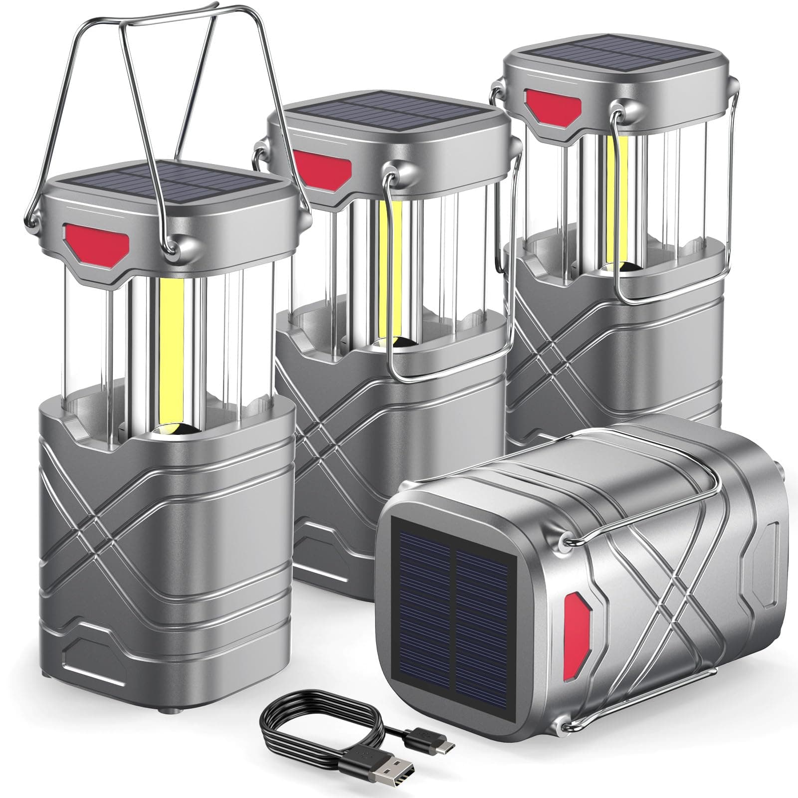 LETMY 4 Pack Camping Lantern, Rechargeable LED Lanterns, Solar Lantern Battery Powered Hurricane Lantern Flashlights with 3 Powered Ways & USB Cable for Emergency, Power Outage, Hurricane Supplies