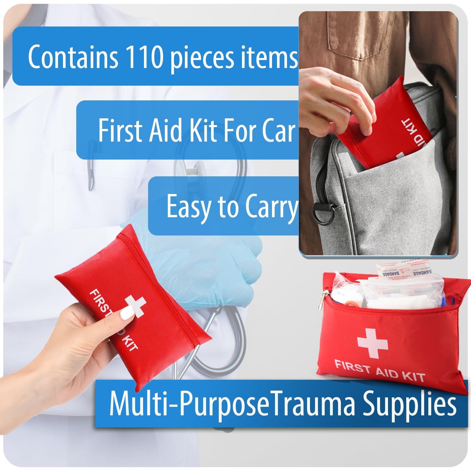 First Aid Kit - 94 Piece Mini Emergency Kits for Car, Basic Outdoor Essentials Survival Trauma Kit Bag, Small Travel Medicine Kit for Home, Sports, Boat, Vehicle, Office, Camping, Hiking