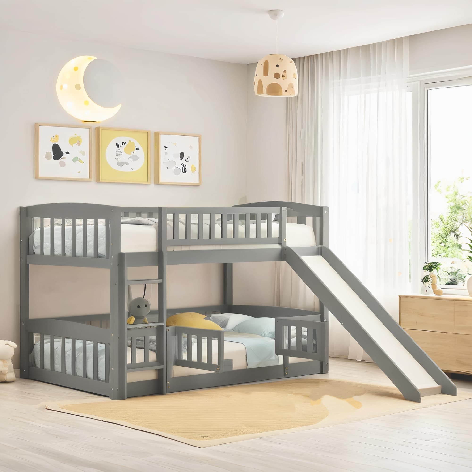 Bellemave Twin Over Twin Low Bunk Bed with Slide and Fence Railings Wood Floor Bunk Beds with Ladder for Kids Boys Girls Teens, Grey