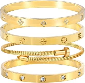 Stainless Steel Bangle Bracelet Set for Women - Silver/Gold Love Bangle Non Tarnish Jewelry with Sparkling Crystal Inlay for Love Gifts