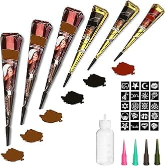 Temporary Tattoos Kit, 6Pcs Semi Permanent Tattoo Paste Cones, India Body DIY Art Painting for Women Men Teens,Summer Trend Freehand Plaste with 3 Colors,20Pcs Adhesive Stencil,1Pc Bottle,4Pcs Nozzles
