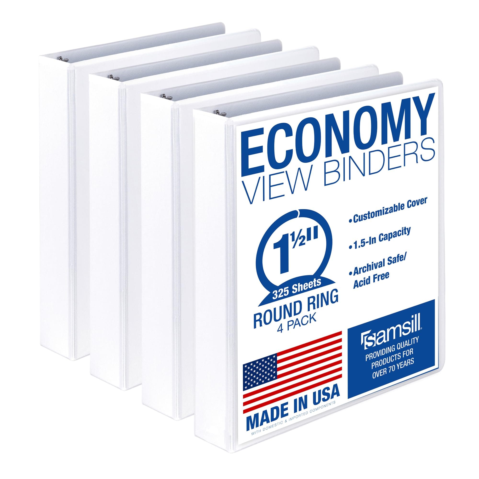 Samsill 1.5 Inch 3 Ring Binders, Economy Round Ring, Clear View Cover, 325 Sheet Capacity - for School, Home, Office - White, 4 Pack