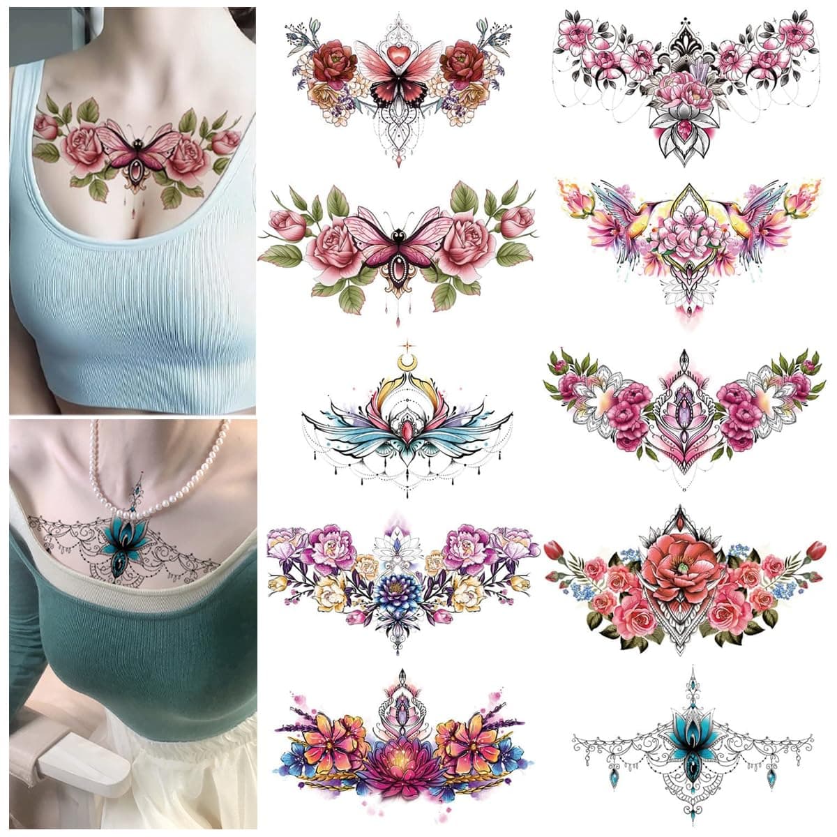 10 Sheet Floral Tattoo Sticker Large Temporary Tattoo for Women, Rose Flower Haif Arm Band Tattoo, Waterproof Enchanting Body Art Tattoo Stickers for Neck, Waist, Back