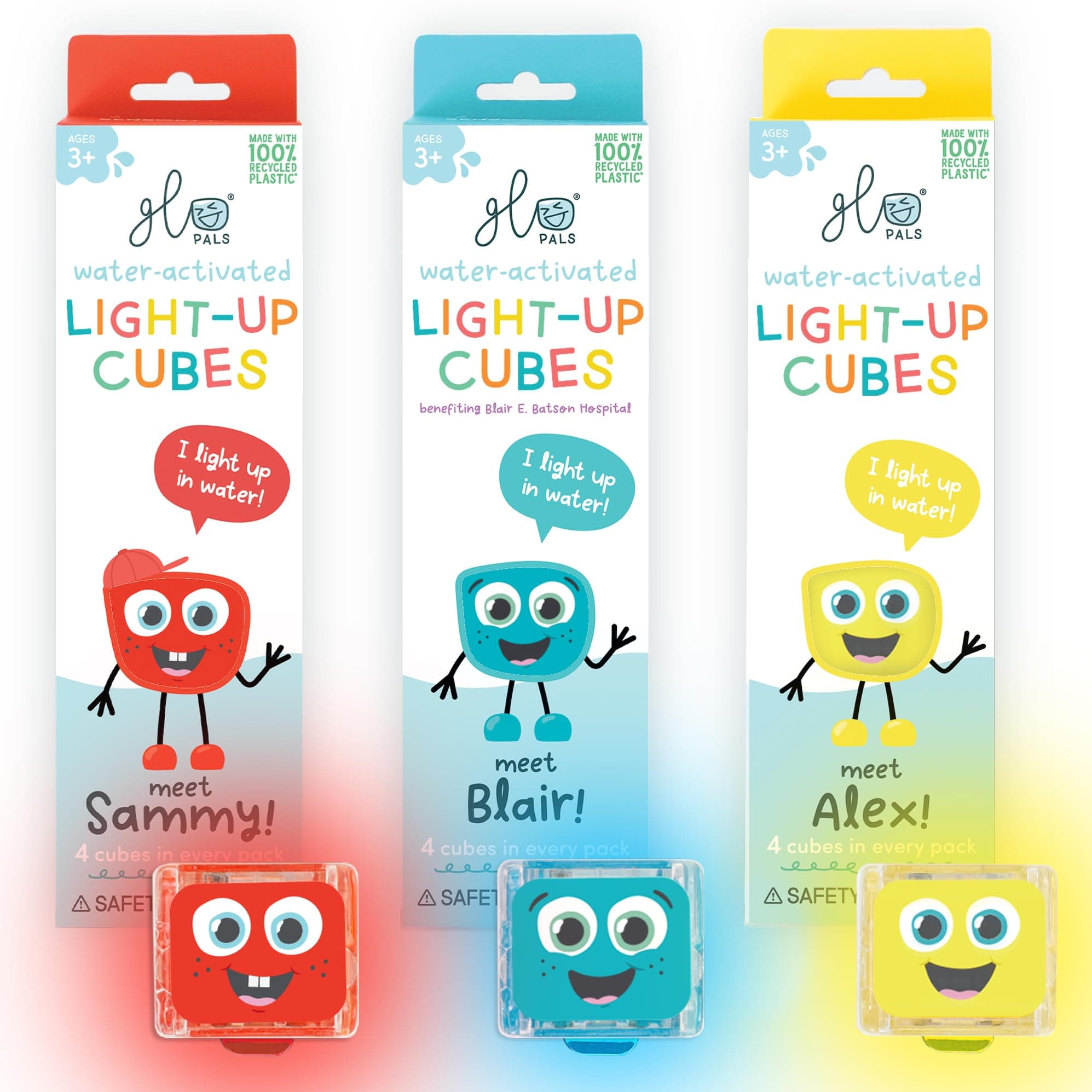 Glo Pals Water Based Light Up Cube Set for Sensory Play (Primary Pals - Yellow, Red + Blue)