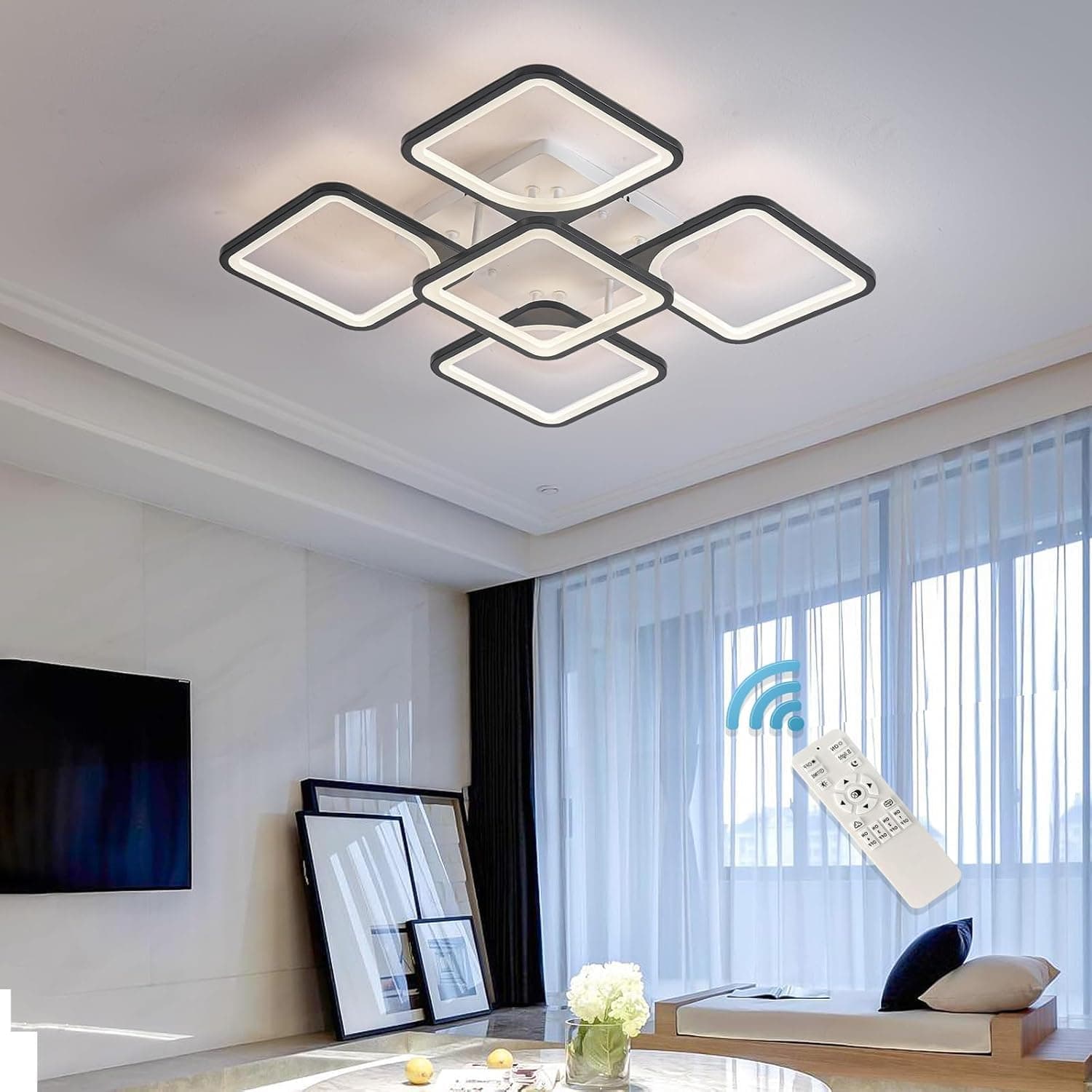 Qcyuui Modern LED Ceiling Light, Dimmable 5 Heads Squares Ceiling Lamp Fixture with Remote, Acrylic Metal Flush Mount Ceiling Lighting Fixture with Remote for Living Room Bedroom (70W, White & Black)