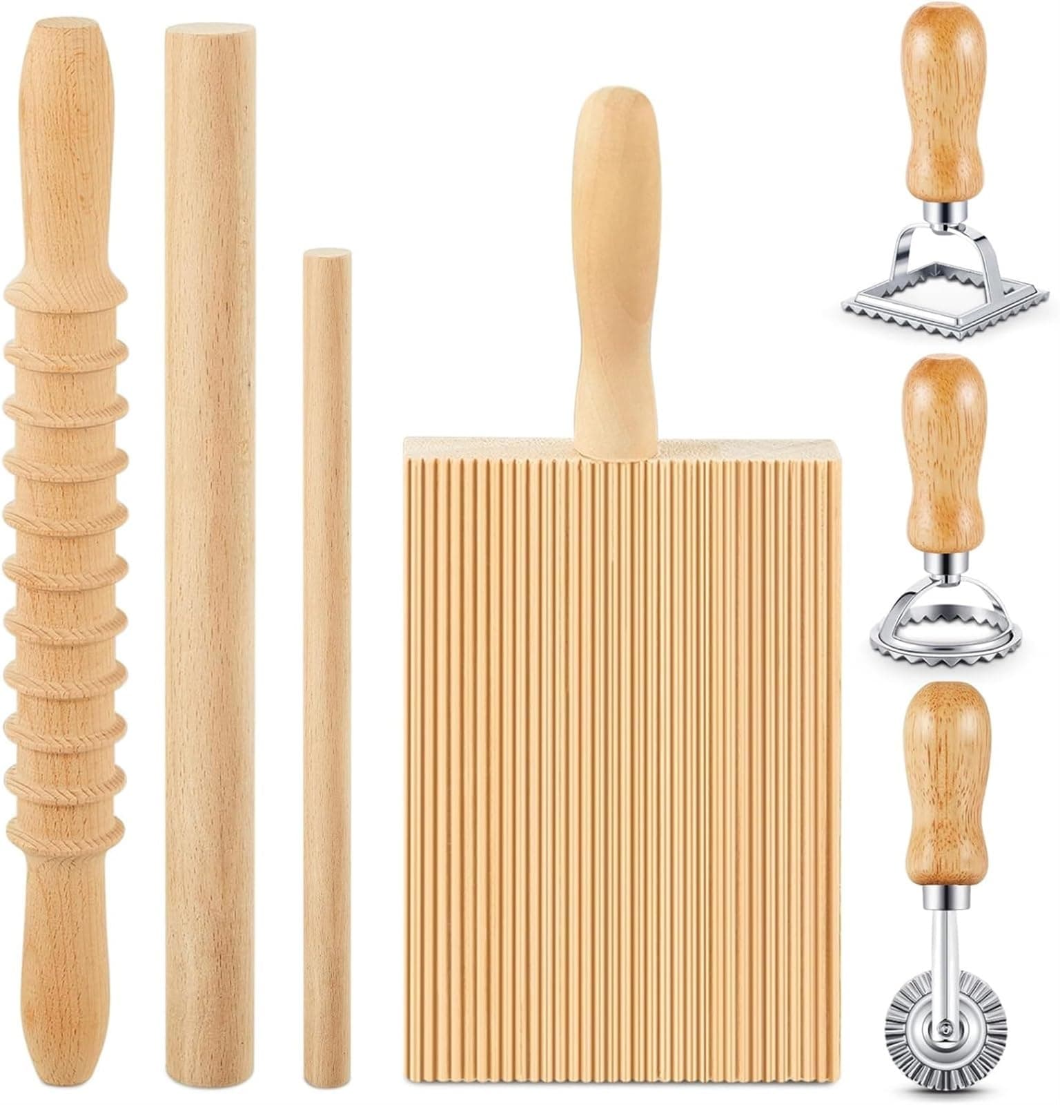THE WHITE SHOP 7 Pcs Pasta Making Tools Set: Gnocchi Board, Wood Cutter, Rolling Pin, Roller, 3 Ravioli Stamp Maker Cutters for Italian Gnocchi Pasta