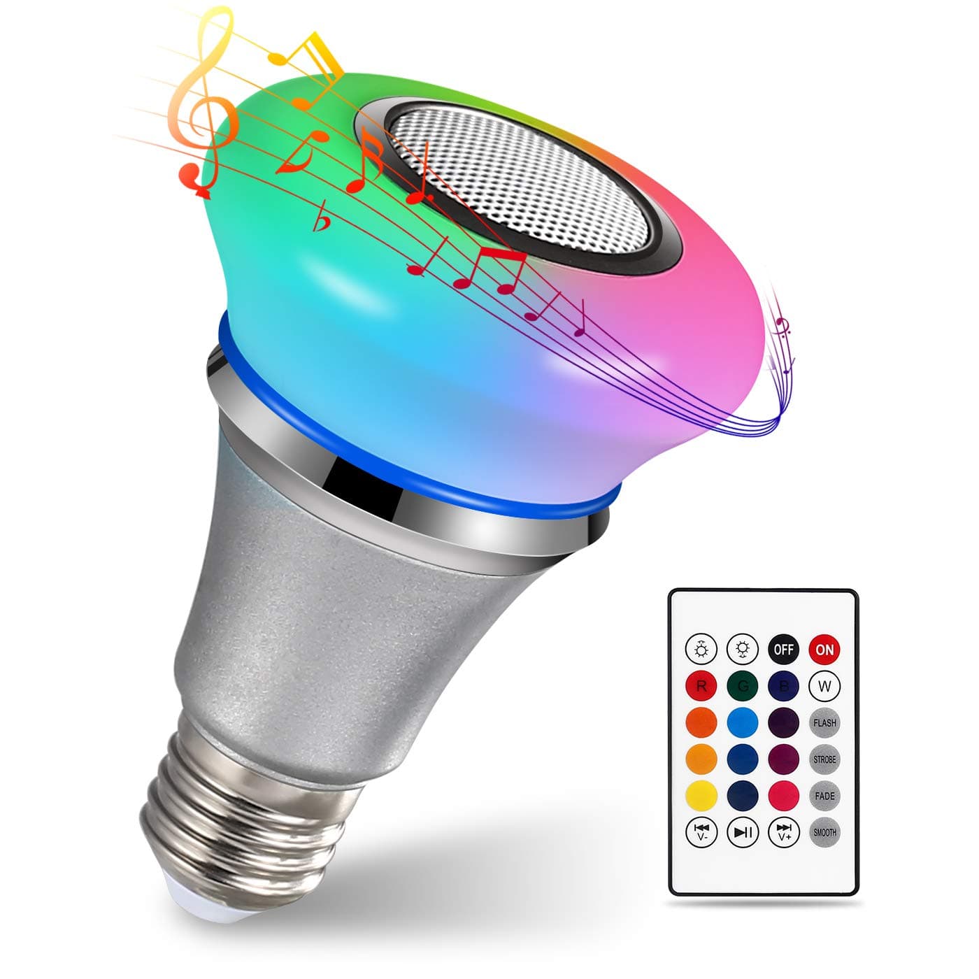 Homeasy Bluetooth Light Bulb Speaker, 6W E27 White RGB Changing Smart LED Lamp Wireless Stereo Audio with 24 Keys Remote Control
