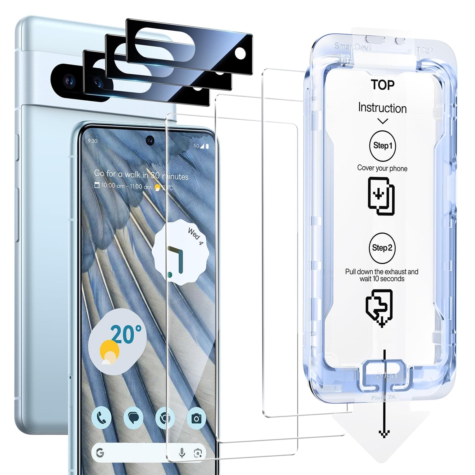 SMARTDEVIL [3+3 Pack] for Google Pixel 7A Screen Protector with Camera Lens Protector, Finger Print Reader Compatible, Fast & Easy Installation, Clear 9H Tempered Glass Film, Alignment Frame