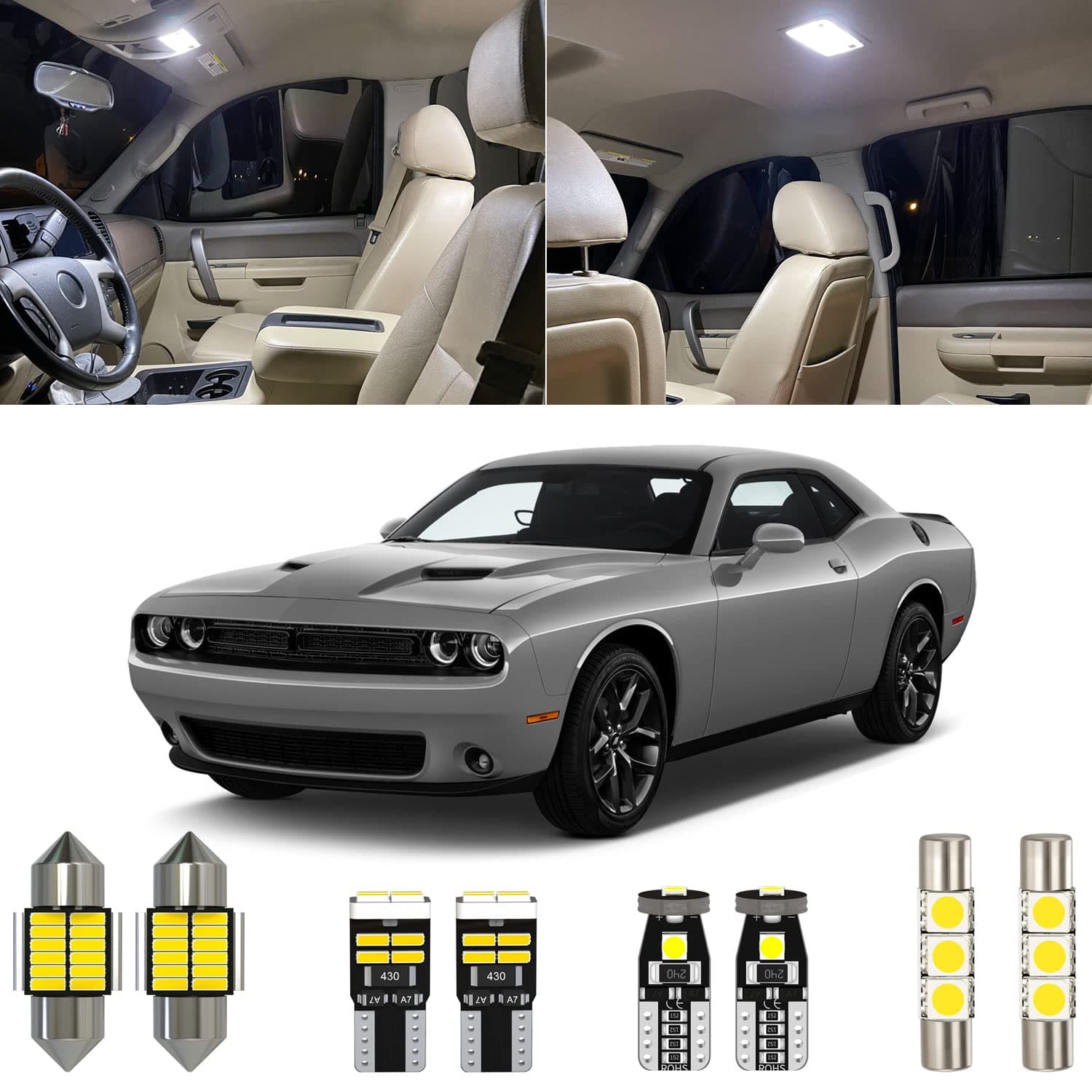 13 Piece White Challenger Interior LED Light Kit Replacement for Dodge Challenger 2008 2009 2010 2011 2012 2013 2014 2015 2016 2017 2018 2019 2020, with Placement Diagram and Install Tool