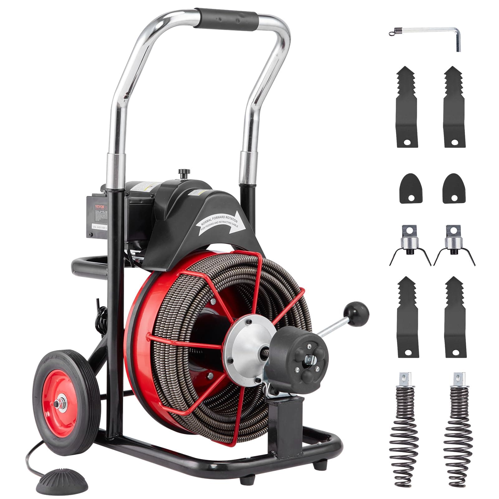 VEVOR Drain Cleaner Machine 100FT x 1/2 Inch, Auto Feed Sewer Snake Auger on Wheels, 550W Portable Drain Cleaning Machine with 8 Cutters & Air-activated Foot Switch for 2" to 4" Pipes