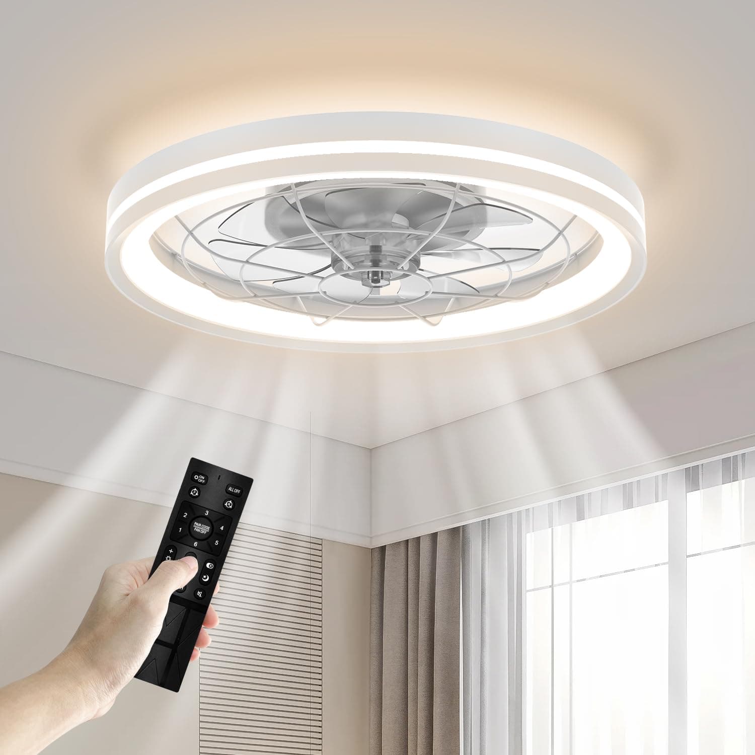Hisummer Low Profile Ceiling Fan with Light and Remote Bladeless Bedroom Fan Light, 20 in Small Flush Mount Dimmable Modern Enclosed Ceiling Fans for Small Room - White