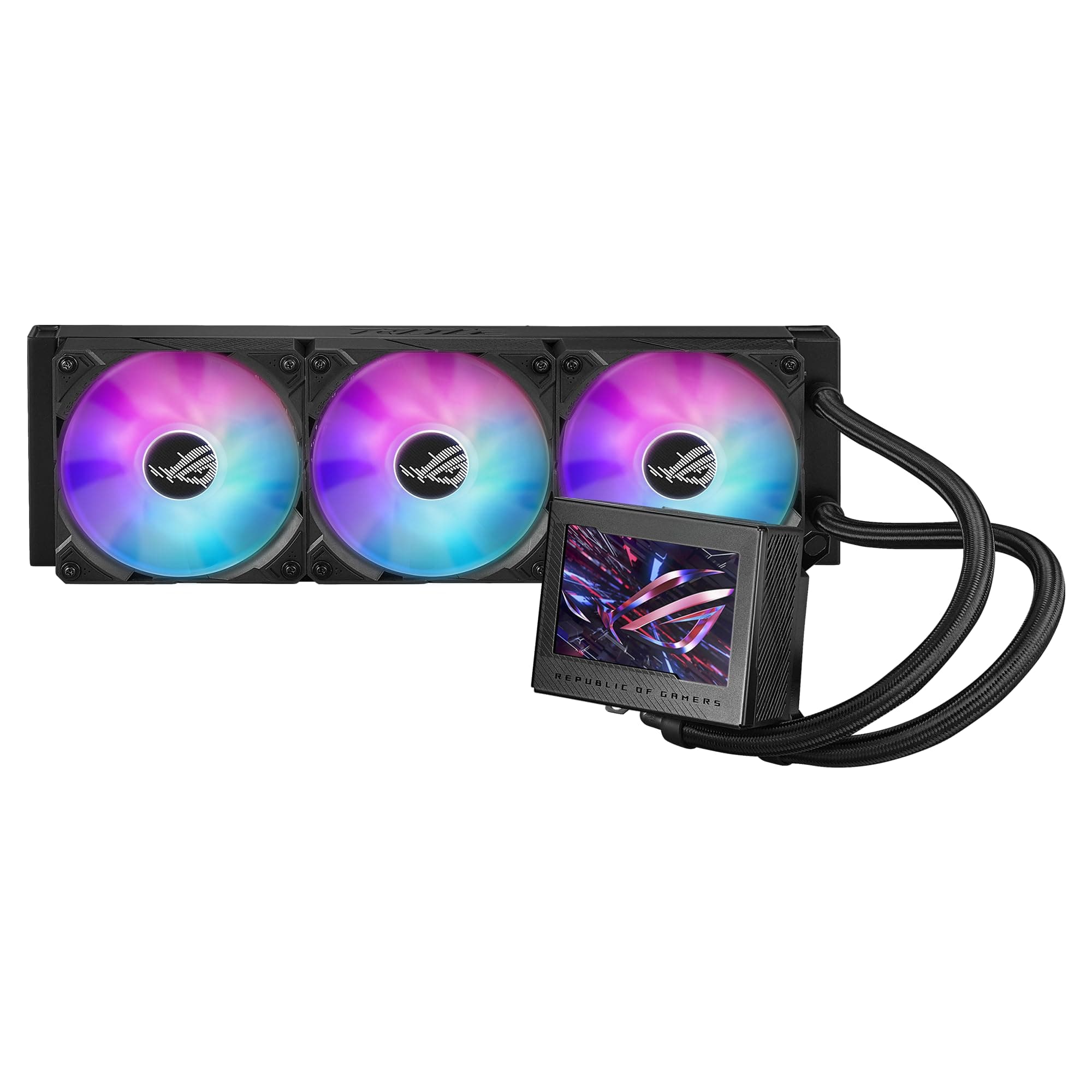 ROG Ryujin III 360 ARGB All-in-one Liquid CPU Cooler with 360mm Radiator. Asetek 8th gen Pump, 3X Magnetic 120mm ARGB Fans (Daisy Chain Design), 3.5” LCD Display