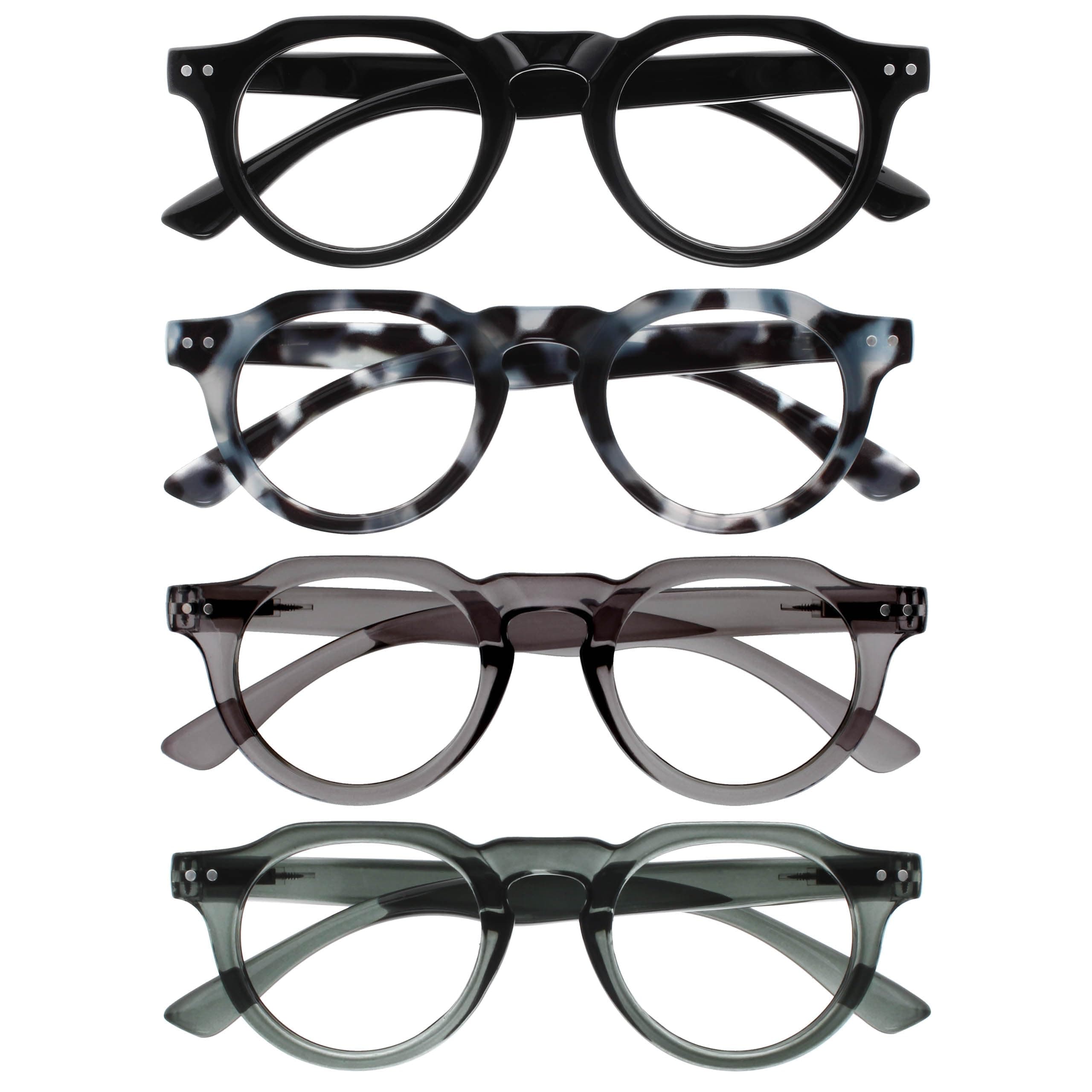 OPULIZE RIO Blue Light Blocking Reading Glasses - 4-Pack - Flat Top Frame - Black, Blue Tortoiseshell, Green, Grey - Mens Womens - BBBB53-1367 - +2.00