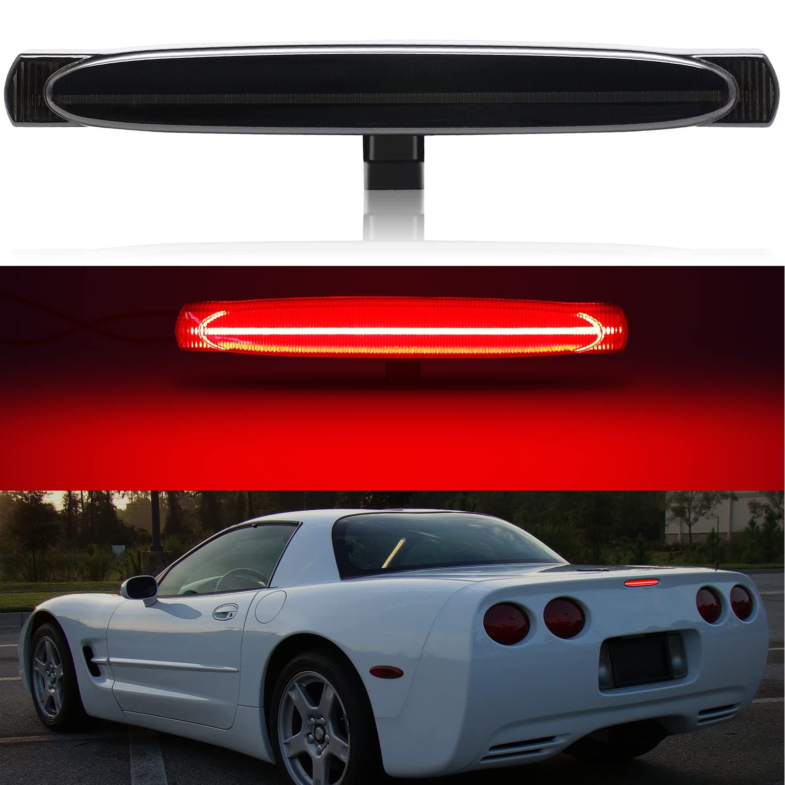LED Third 3rd Brake Lights Compatible with Corvette C5 1997-2004, F1 Style Strobe Rear Center Tail Light High Mount Brake Lamp Assembly OE Replacement 10253893 (Somked Len)