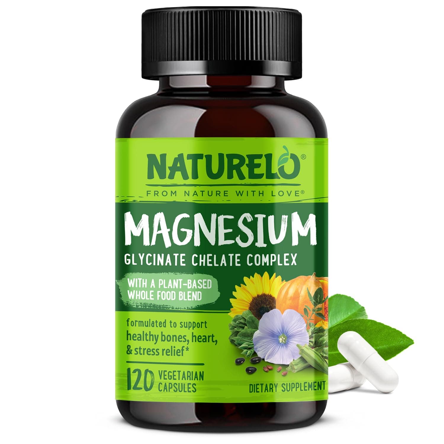 NATURELO Magnesium Glycinate Chelate Complex - 200 mg Magnesium with Organic Vegetables to Support Sleep, Calm, Muscle Cramp & Stress Relief – Gluten Free, Non GMO - 120 Capsules