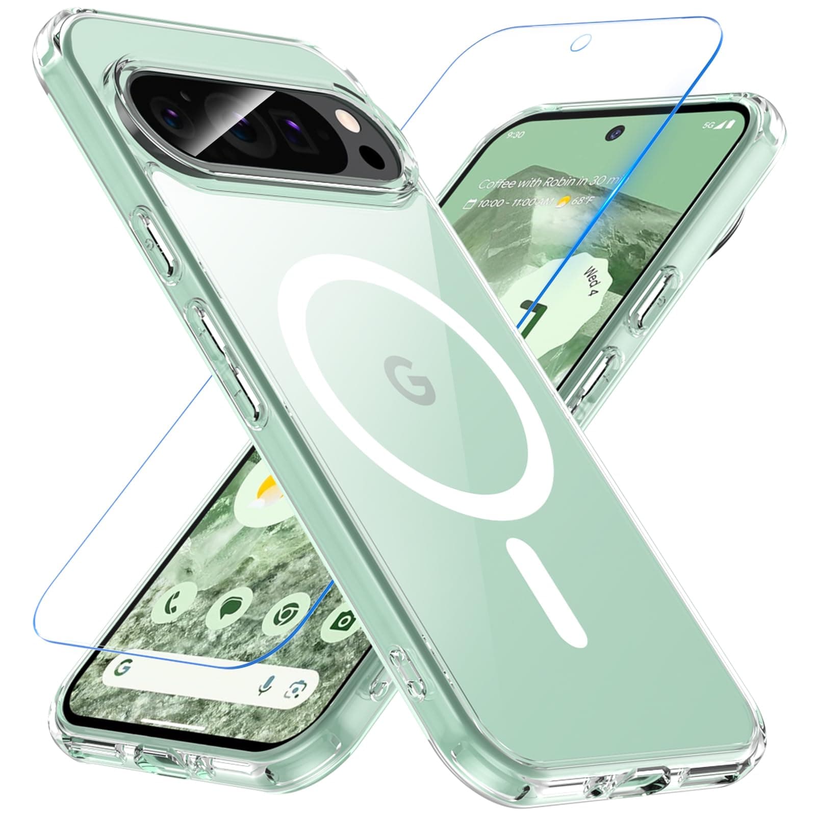Hensinple Magnetic for Google Pixel 9 Case/Google Pixel 9 Pro Case with Tempered Glass Screen Protector, Fit for MagSafe, 360 Shockproof Anti-yellowing Clear Back Cover, Transparent