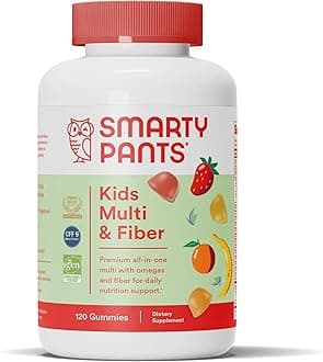 SmartyPants Kids Multivitamin Gummies and Fiber Supplement: Vitamin D3, C, Vitamin B12, B6, A, Zinc, Biotin, Inositol, Fiber Gummies, Three Fruit Flavors, 120 Count (30 Day Supply)