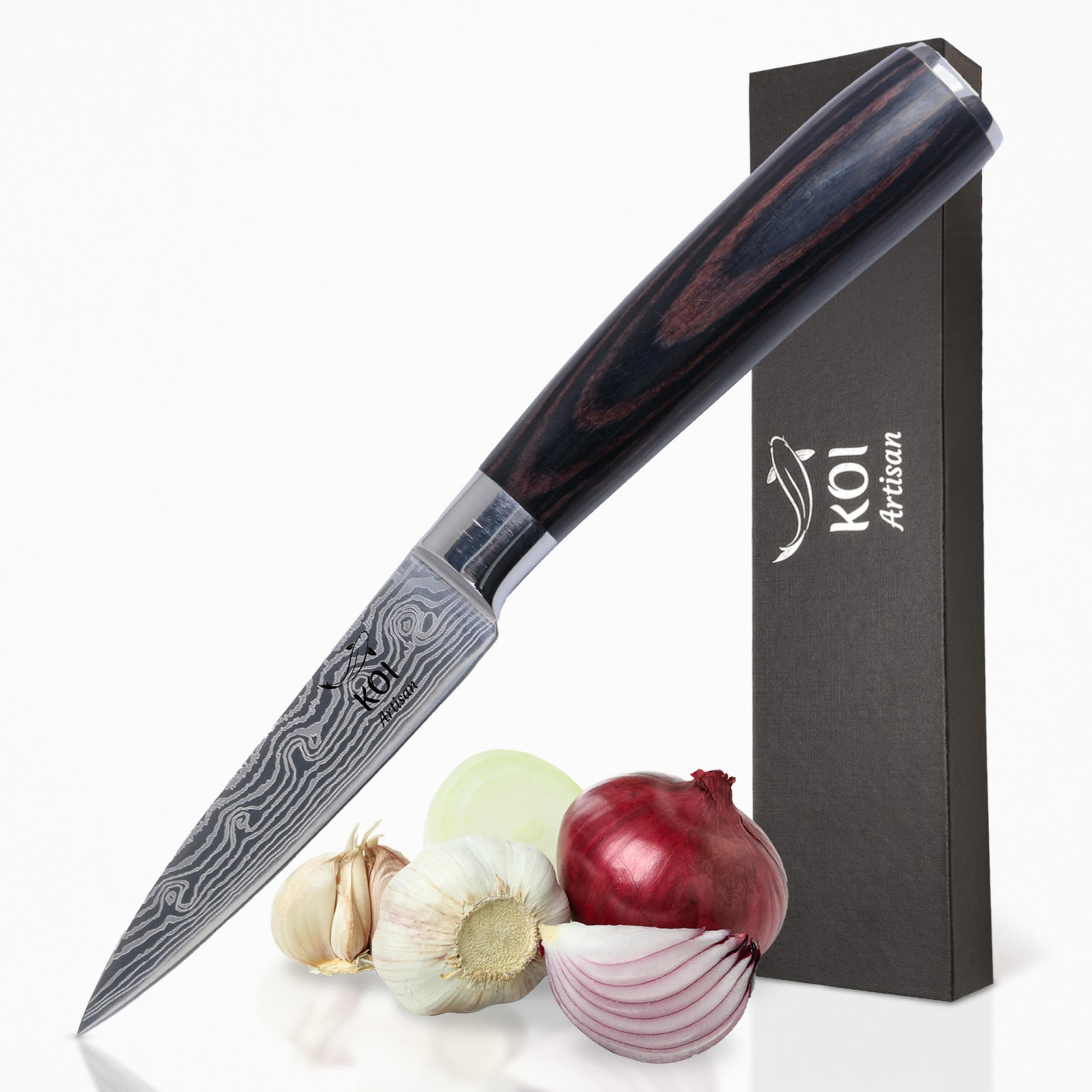 Damascus Style Paring Knife - 3.5 Inch Razor Sharp Edge – Chef Knife High Carbon Stainless Super Steel – Moisture Resistant Pakka Wood Handle Kitchen Knives