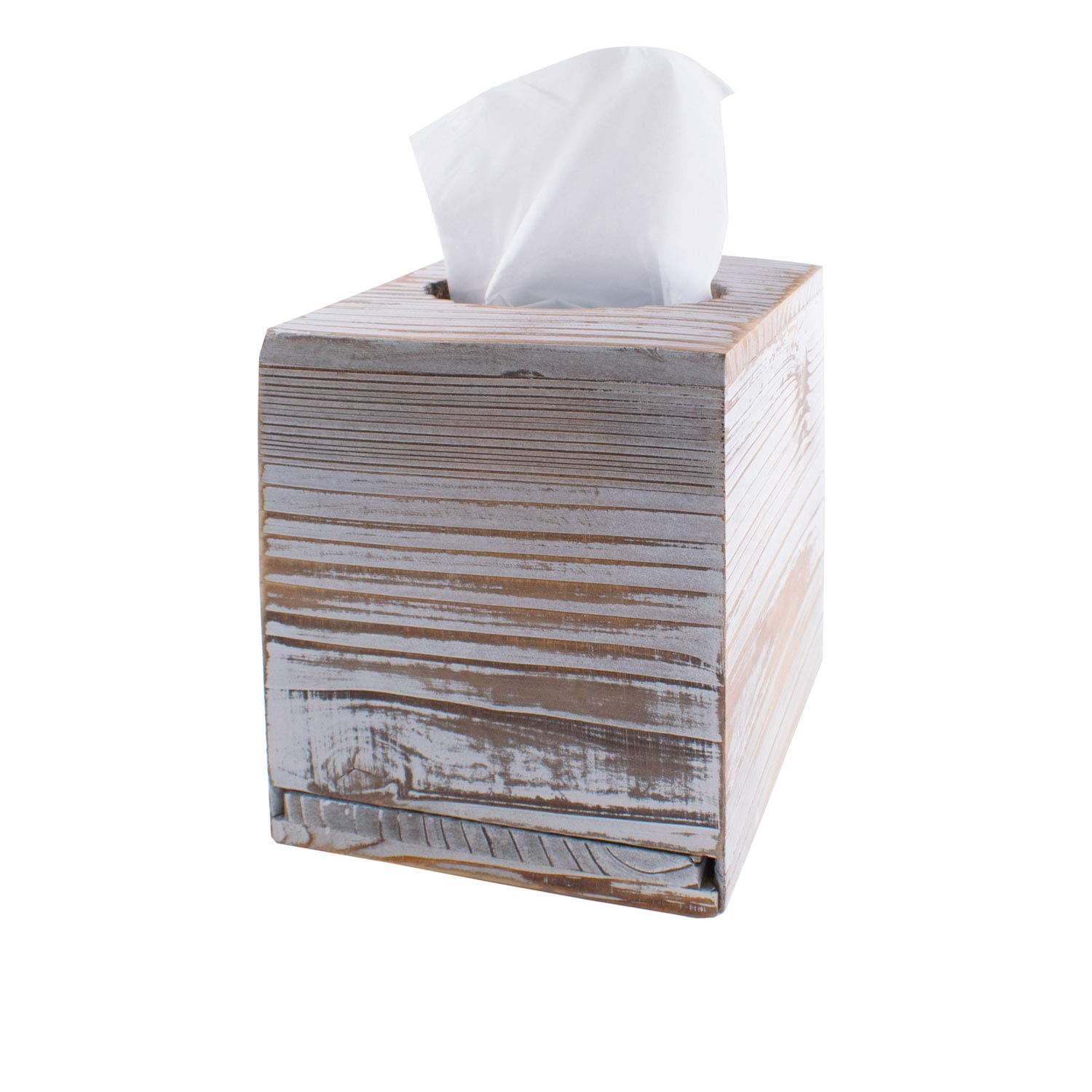 Square Tissue Box, Brown Cover Decorative Rustic Wood Cube Tissue Holder with Slide-Out Bottom Panel for Living Room Napkin Box Carton Paper Cube Box Office Bathroom Living Room (No Tissue)