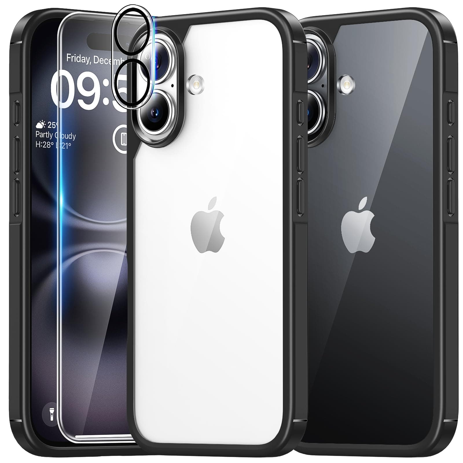 TAURI 3 in 1 for iPhone 16 Case 6.1" with 2-Pack Screen Protector, Military-Grade Protection, [Anti-Yellowing] Shockproof Transparent Bumper Phone Cover - Black