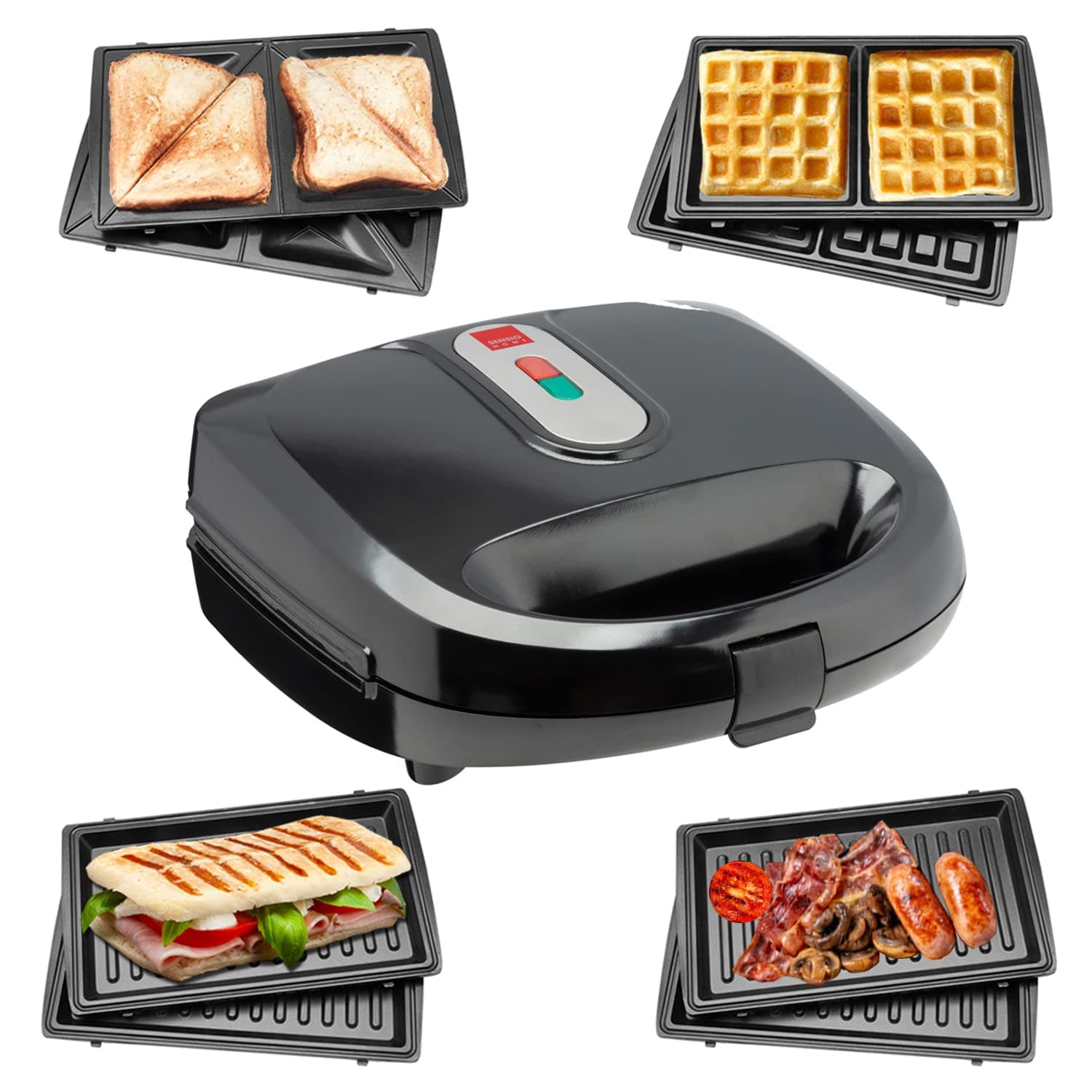 Sensio Home Multi Functional 3 in 1 Waffle Iron, Deep Fill Sandwich Toaster, Panini Press or Grill Snack Maker Machine Interchangeable Non Stick Easy Clean Plates Secure Lock Plus Ready & Power Lights