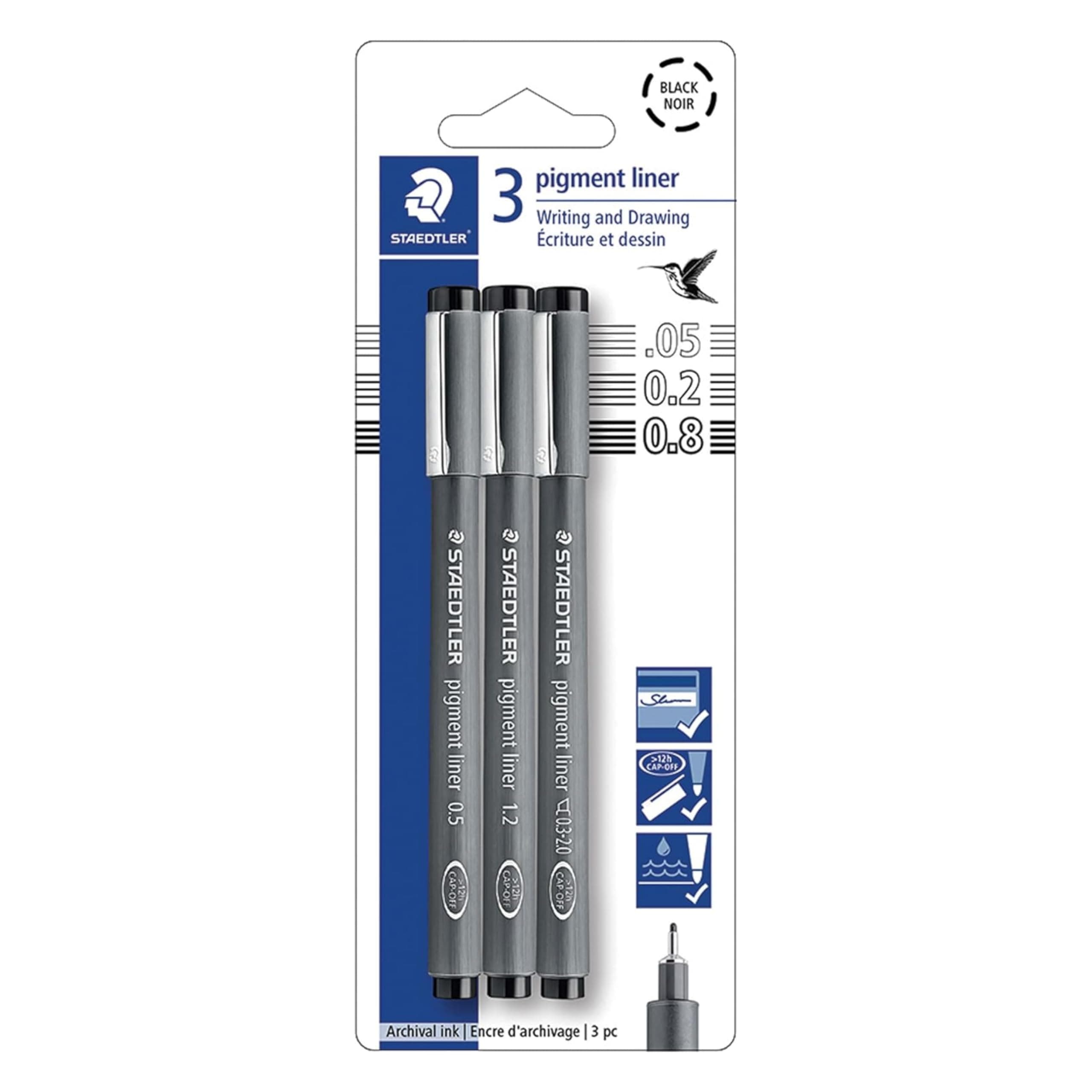 Staedtler Pigment Liner Pack, Black, 3 Pens, Assorted Line Widths 0.05mm/0.2mm/0.8mm, 308-9SBK3