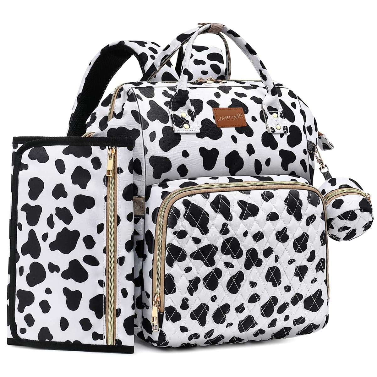 Diaper Bag Backpack with Changing Pad, Pacifier Case, Baby Bag for Boy Girl Toddler - Large, Stylish, Waterproof Travel Quilted Diaper Bag for Mom - Baby Shower Registry - Cow