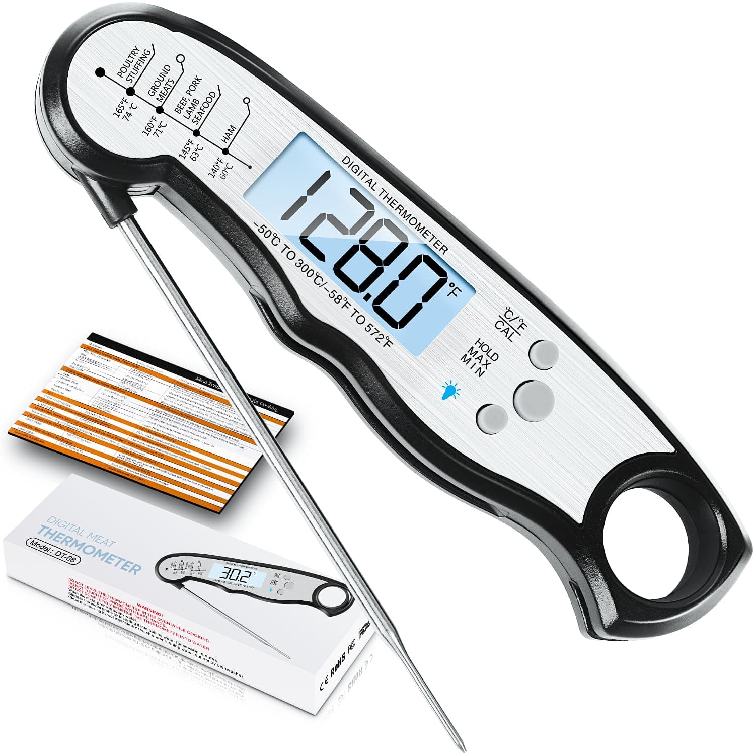Instant Read Meat Thermometer for Cooking, Fast & Precise Digital Food Thermometer with Backlight, Magnet, Calibration, and Foldable Probe for Deep Fry, BBQ, Grill, and Roast Turkey