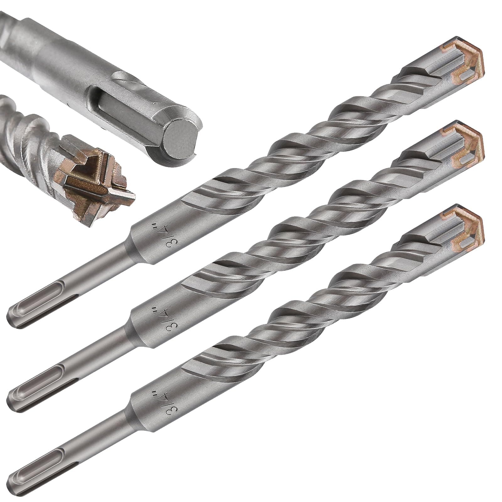 Wensilon 3pcs 3/4" X 8"-6" Cross-Type Double Thread Carbide Drill Bits for Concrete, Brick, Stone, Hammer Drill Bits