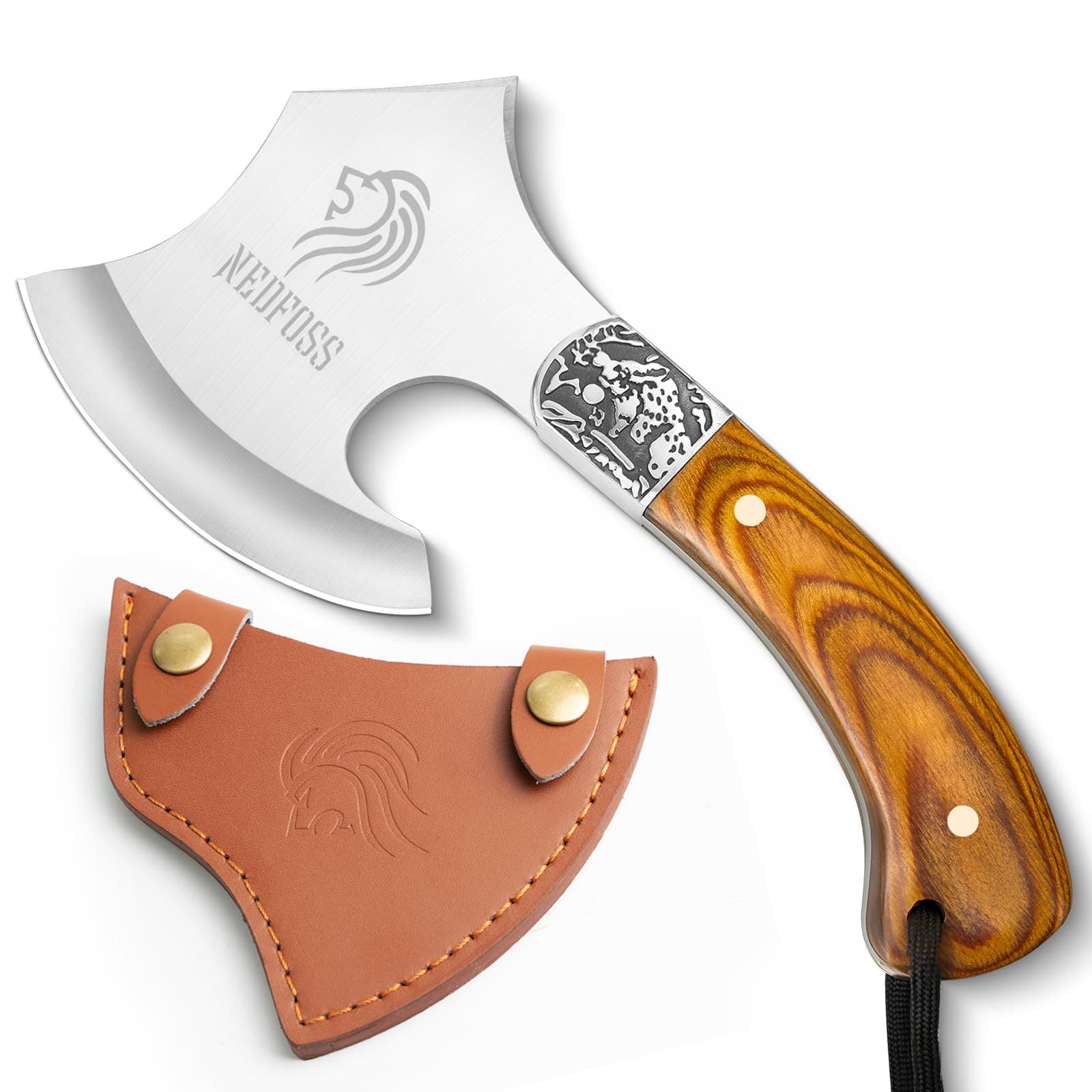 Warthog Camping Axe, 9" Full Tang Small Axe with Leather Sheath, Survival Hatchet with Wood Handle, Tomahawk for Outdoor Backpacking, Bushcraft, Hiking
