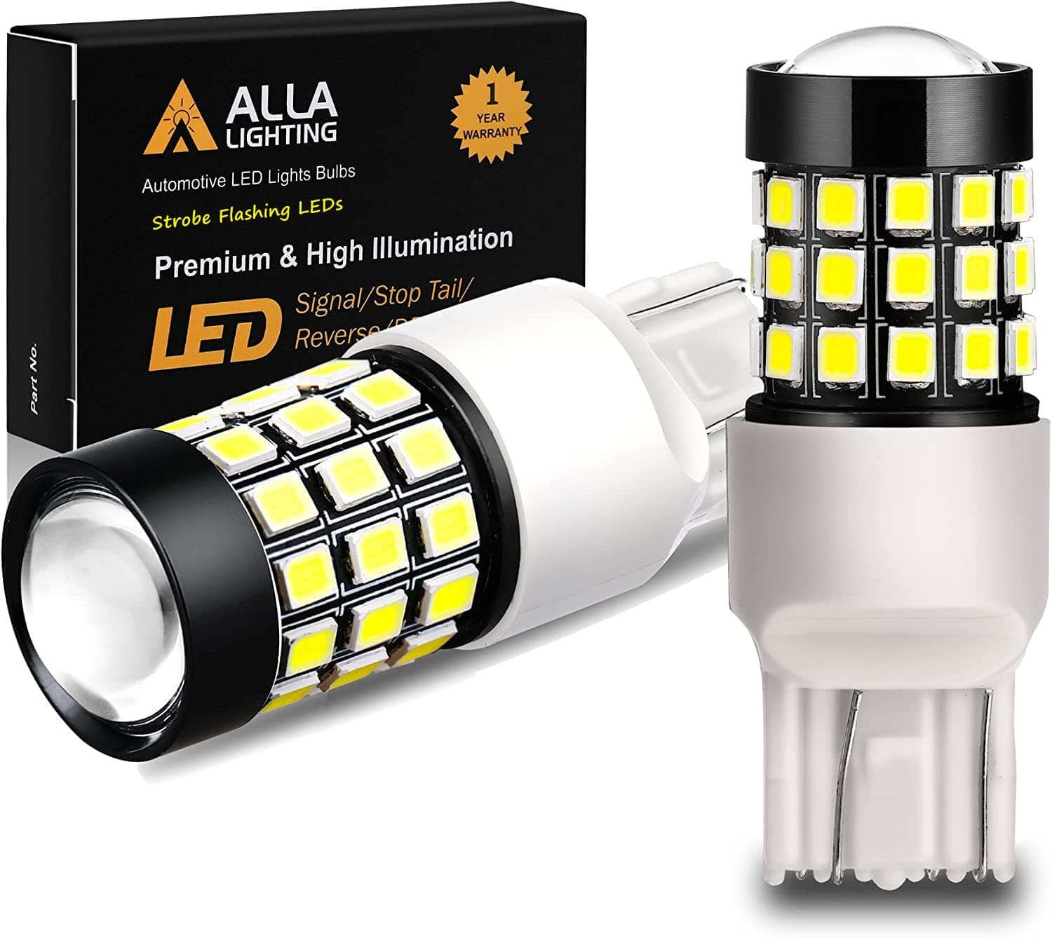 Alla Lighting T20 7440 7443 Strobe Reverse Light LED Bulbs Super Bright 2835 39-SMD High Power LED 7440 7443 LED Strobe Flashing Back-Up Light Bulbs for Cars, Trucks, 6000K Xenon White (Set of 2)