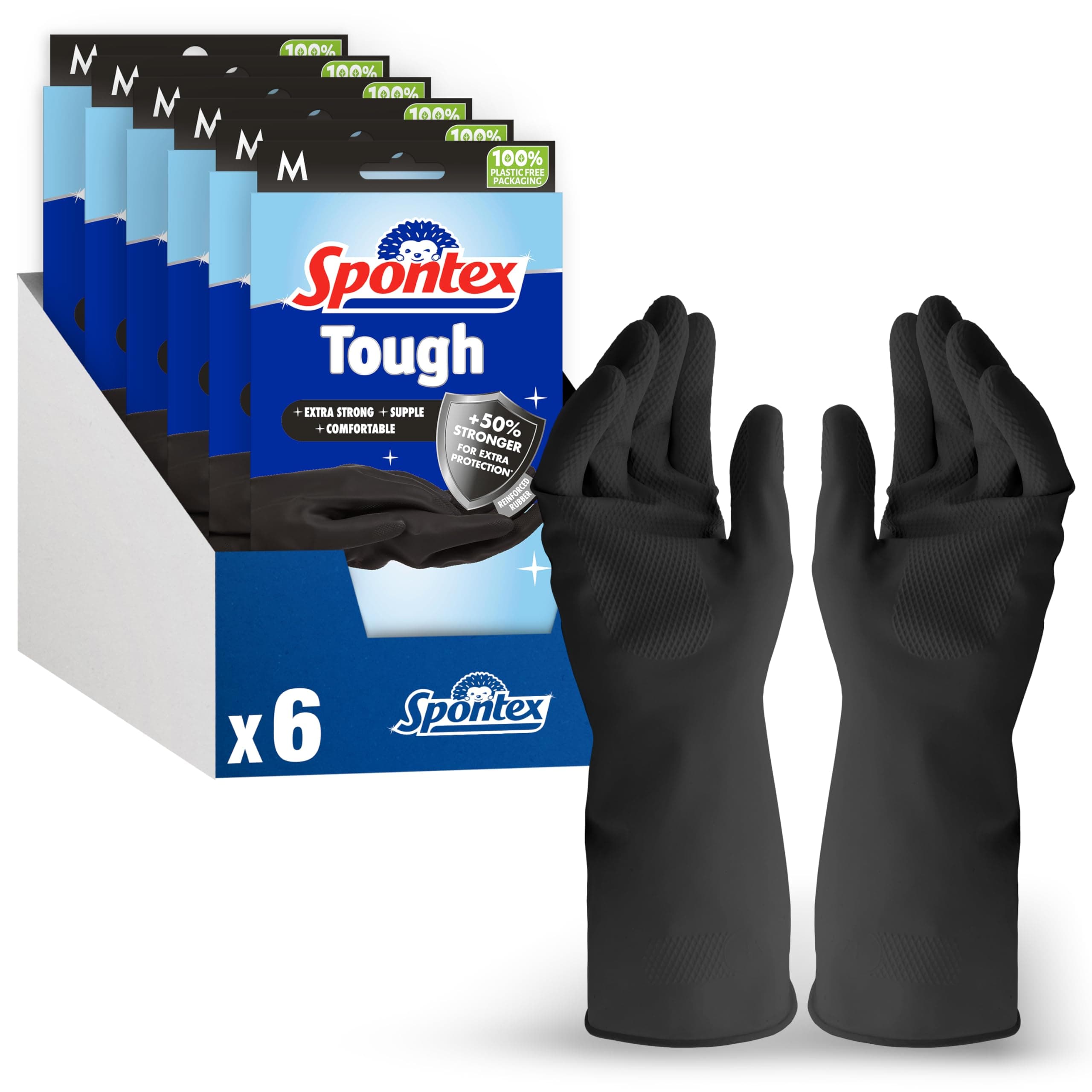 SpontexTough Household Gloves - Medium Size - Extra Strong - Supple - Comfortable - 6 Pairs
