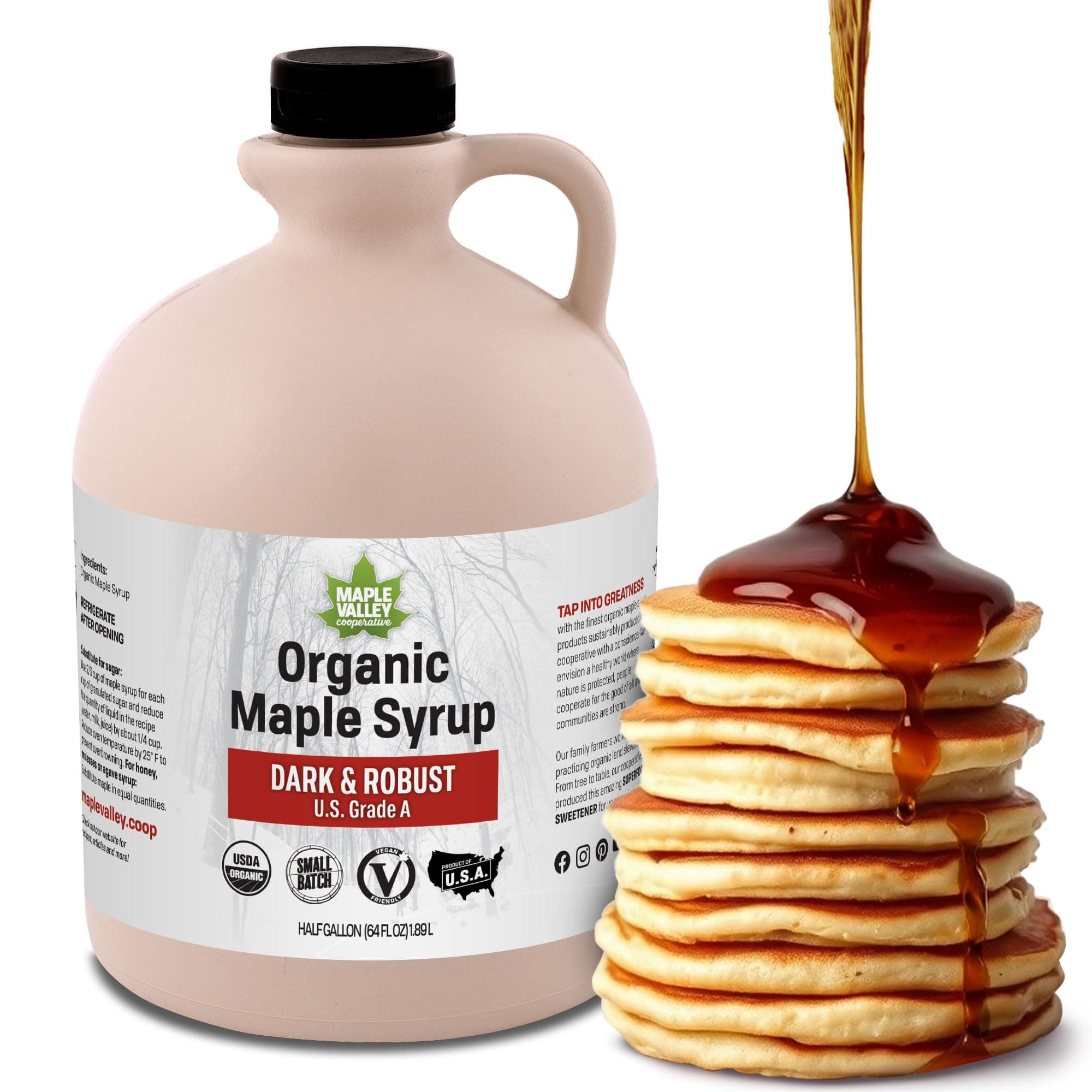 Maple Valley Organic Pure Maple Syrup, Dark & Robust Better Than Pancake Syrup, Use for Coffee or All-Natural Sugar Substitute in Cooking and Baking (64oz Plastic Jug)