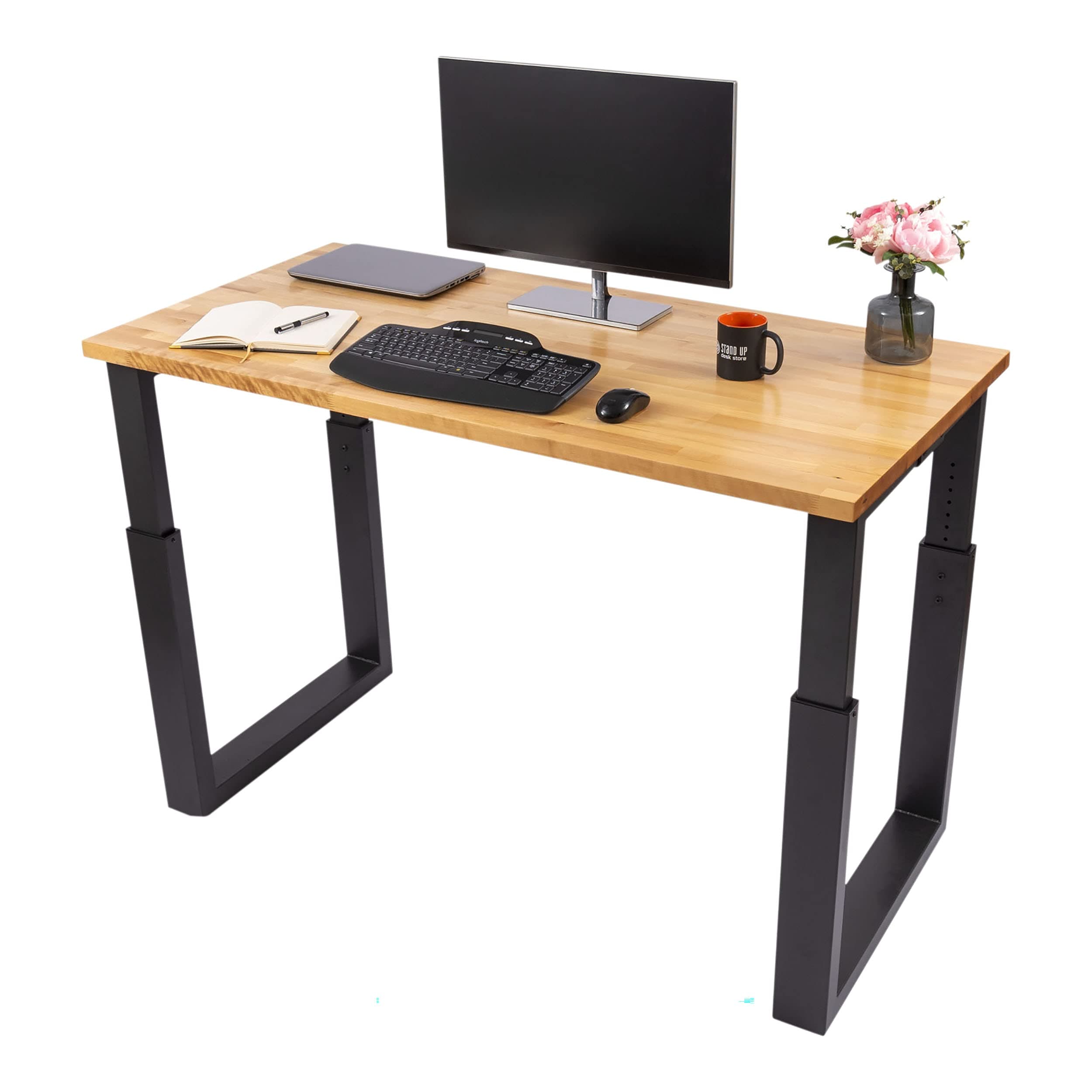 Stand Up Desk Store Solid Wood Manual Height Adjustable Standing Desk Meeting Conference Table (Black Frame/Natural Birch, 60" Wide)